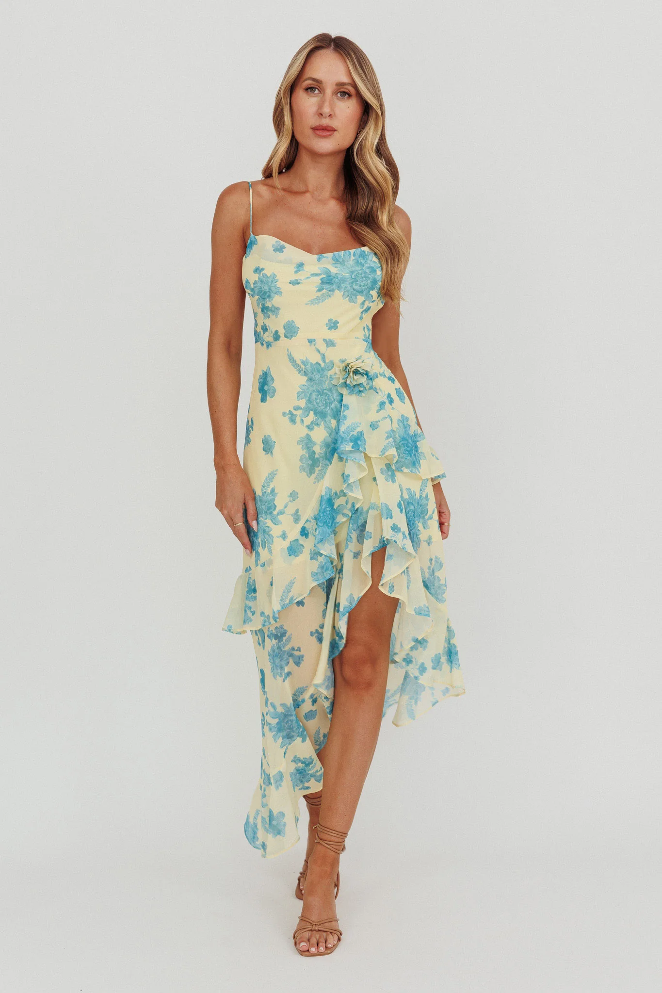 Chances Rosette Ruffle Midi Dress Floral Lemon - Image 5