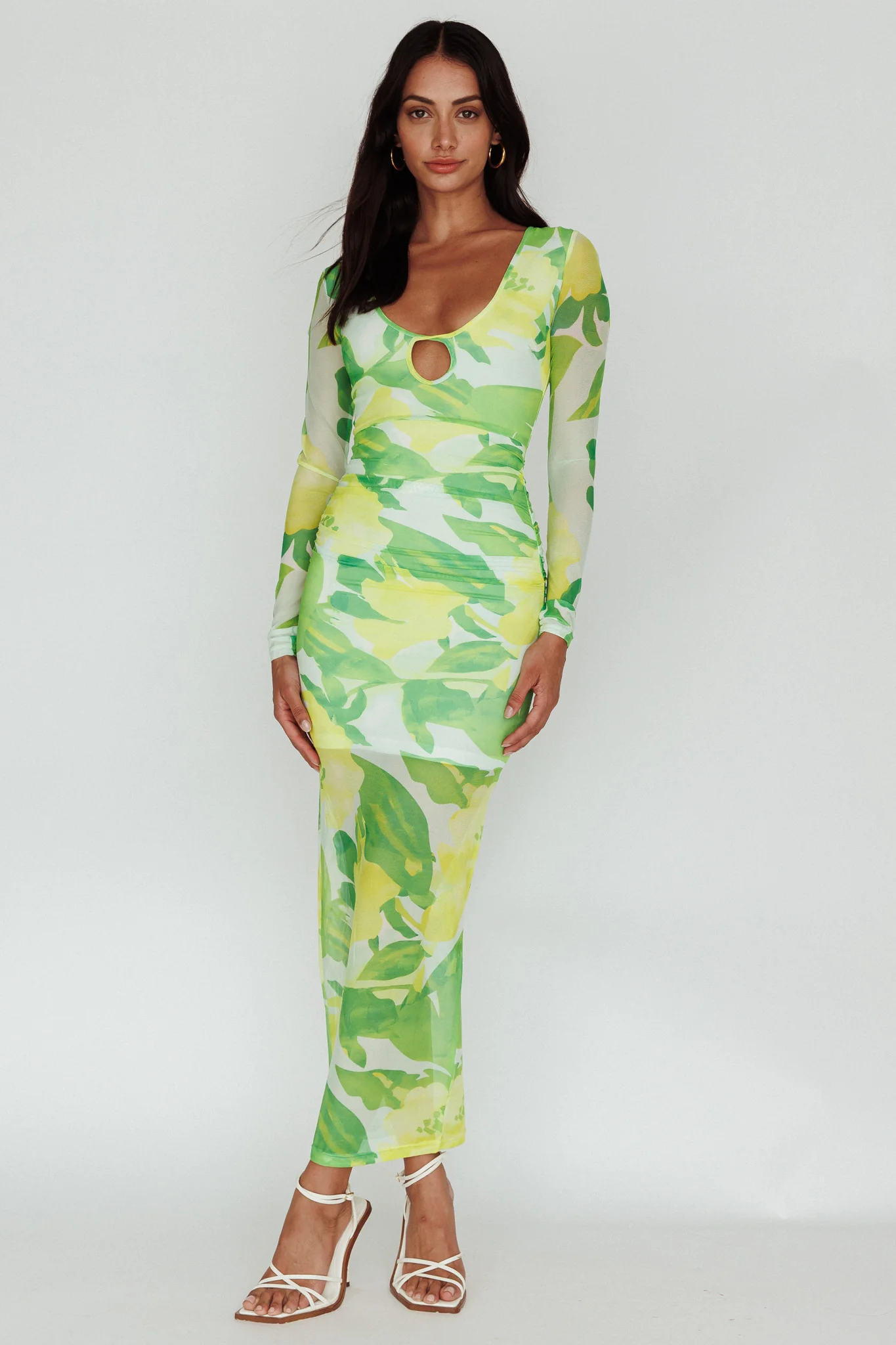 Chardae Long Sleeve Mesh Midi Dress Floral Green - Image 5