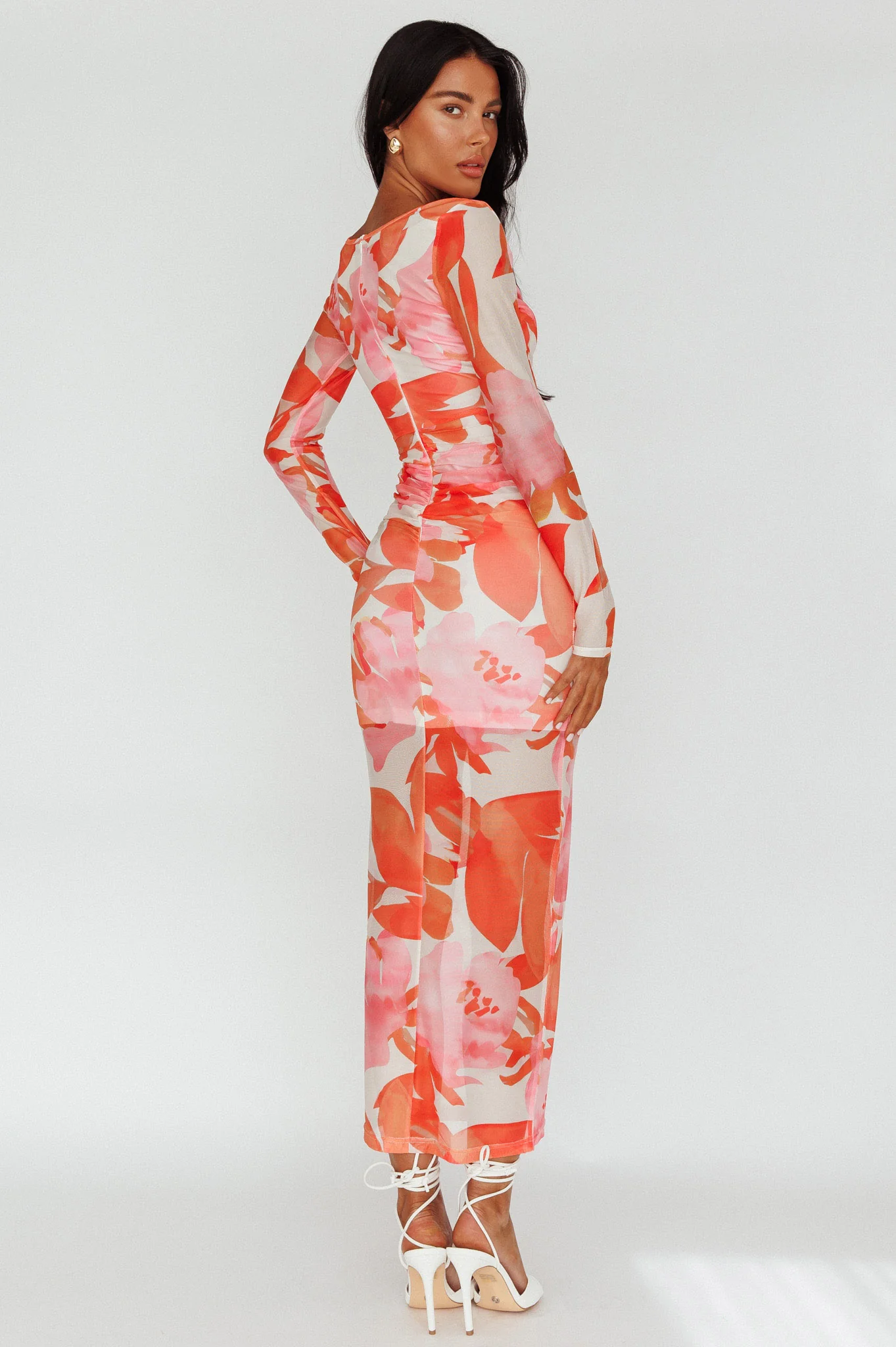 Chardae Long Sleeve Mesh Midi Dress Floral Pink - Image 2