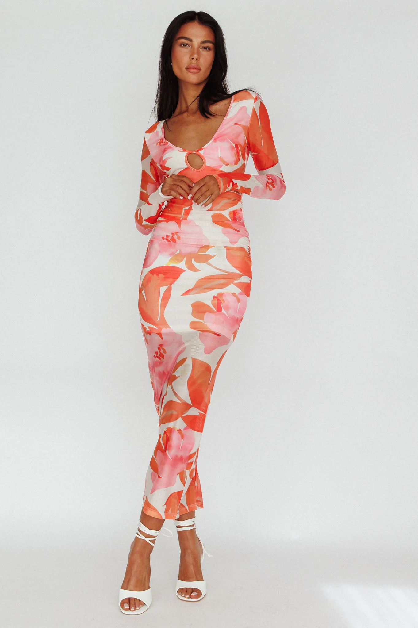 Chardae Long Sleeve Mesh Midi Dress Floral Pink - Image 3