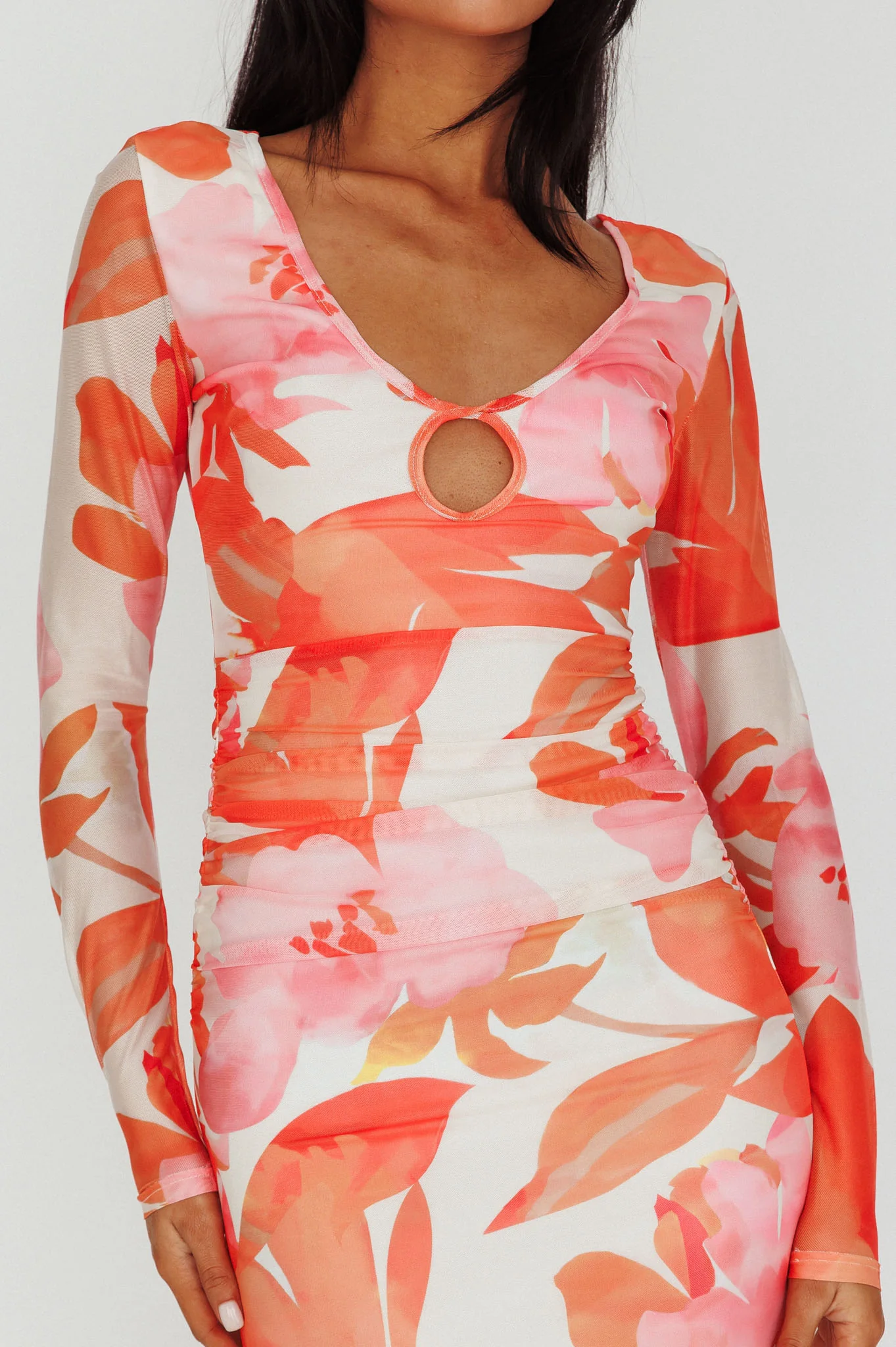 Chardae Long Sleeve Mesh Midi Dress Floral Pink - Image 4