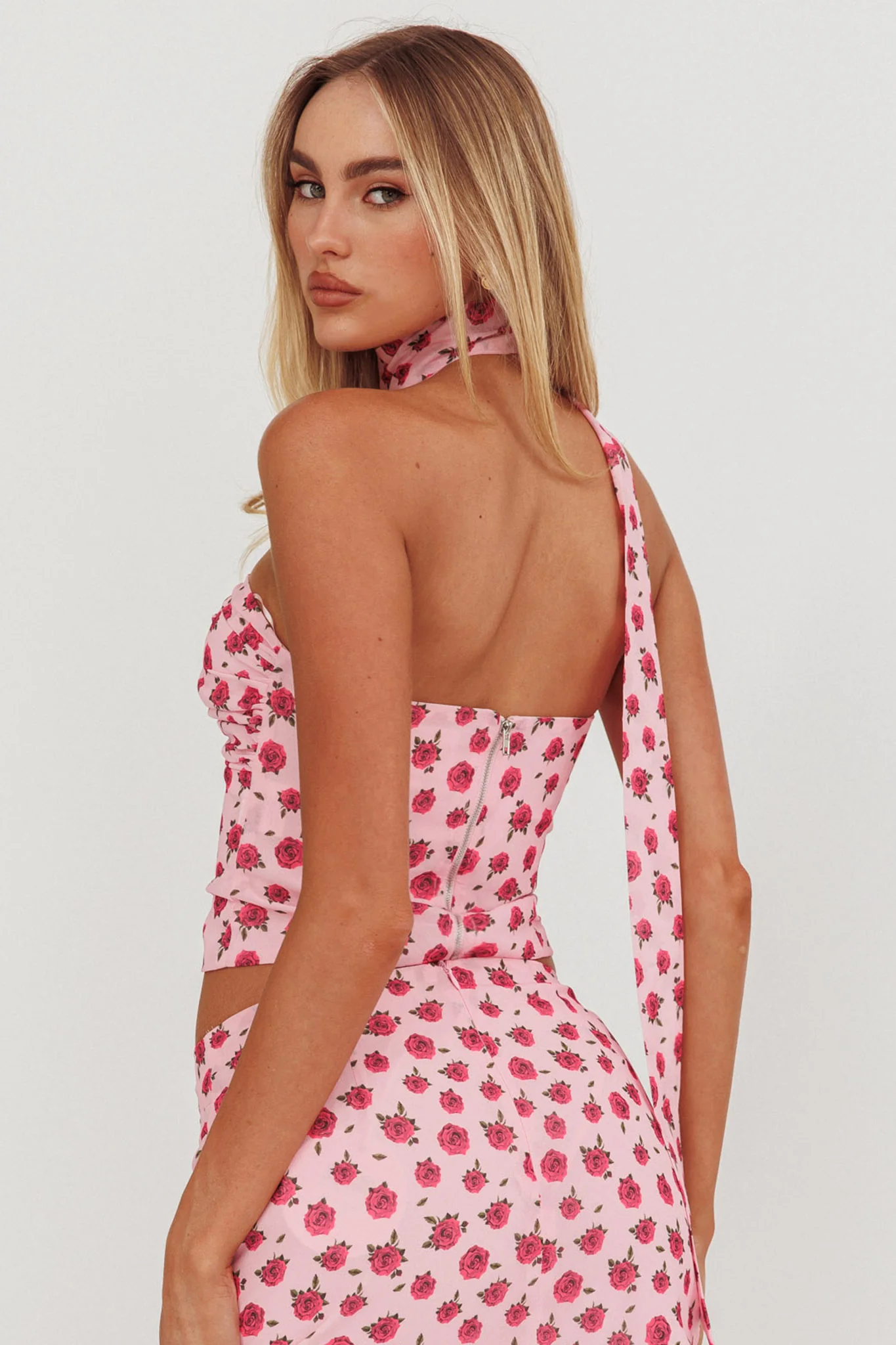 Charise Strapless Neck Tie Top Roses Pink - Image 3