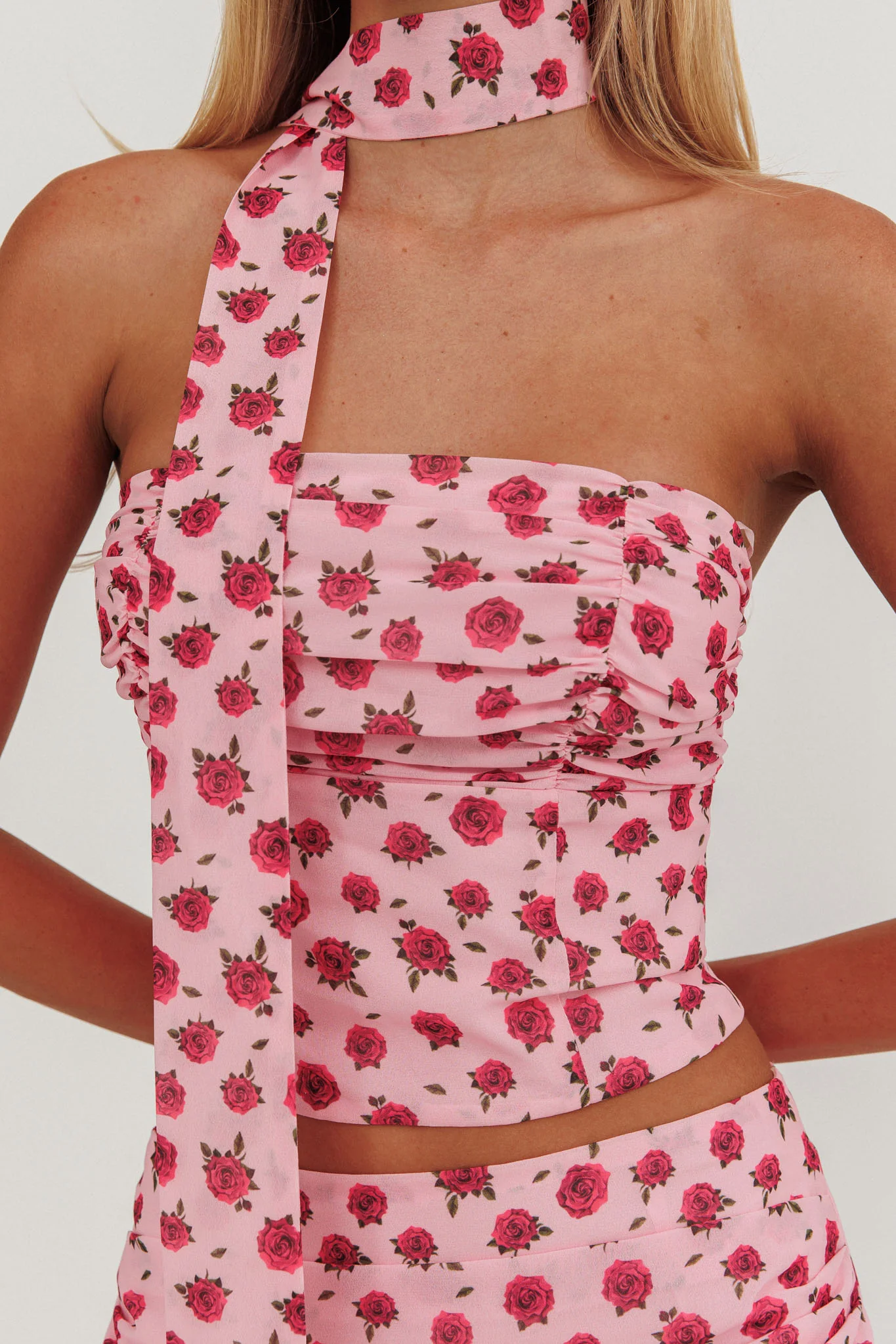 Charise Strapless Neck Tie Top Roses Pink - Image 4