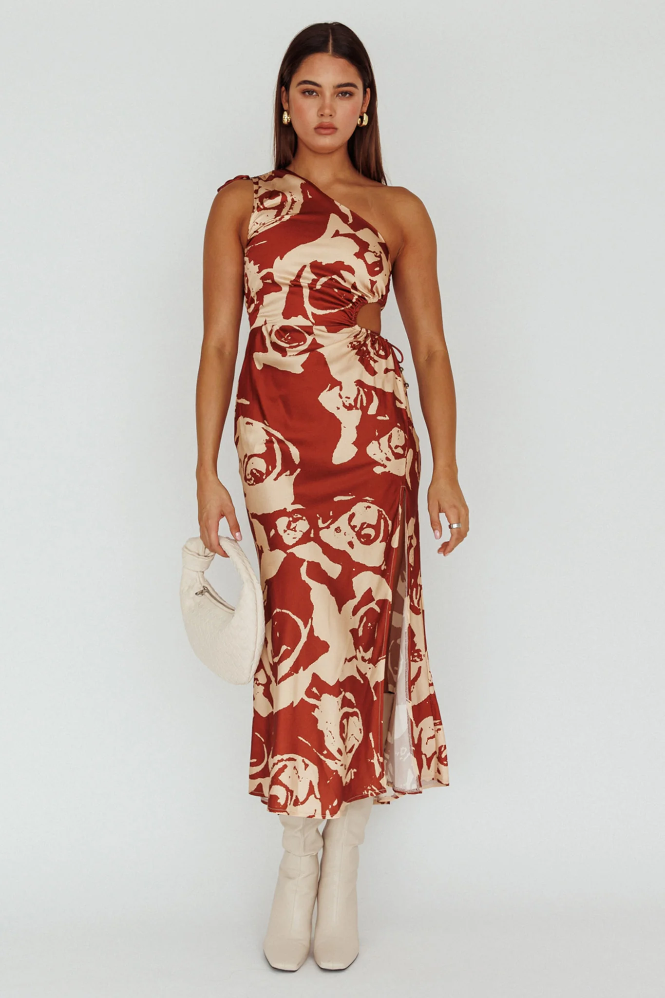 Charisma One-Shoulder Cut-Out Midi Dress Floral Coffee - Image 5
