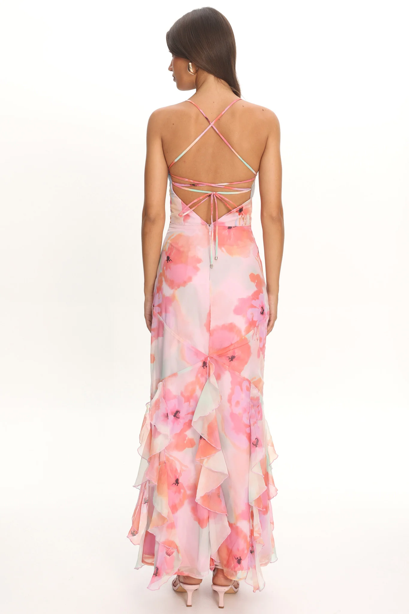 Charlisa Strappy Back Ruffle Maxi Dress Flowers Pink - Image 3
