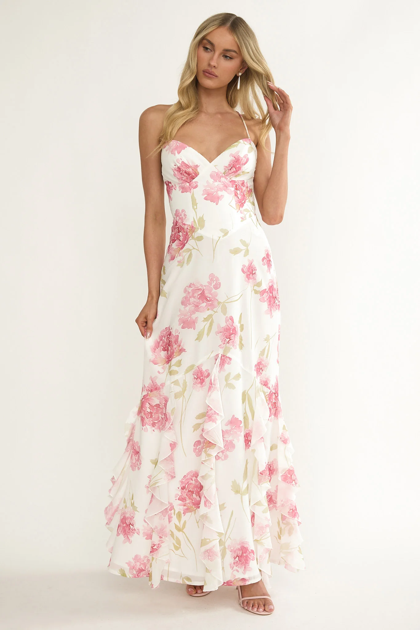 Charlisa Strappy Back Ruffle Maxi Dress Flowers White - Image 5
