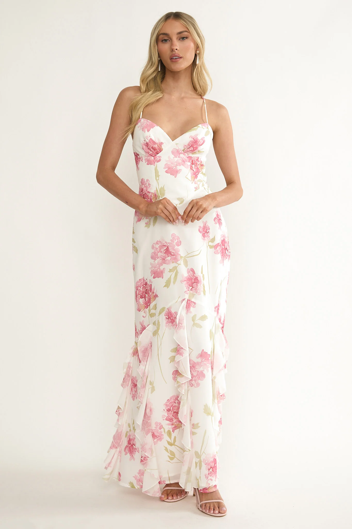 Charlisa Strappy Back Ruffle Maxi Dress Flowers White - Image 6