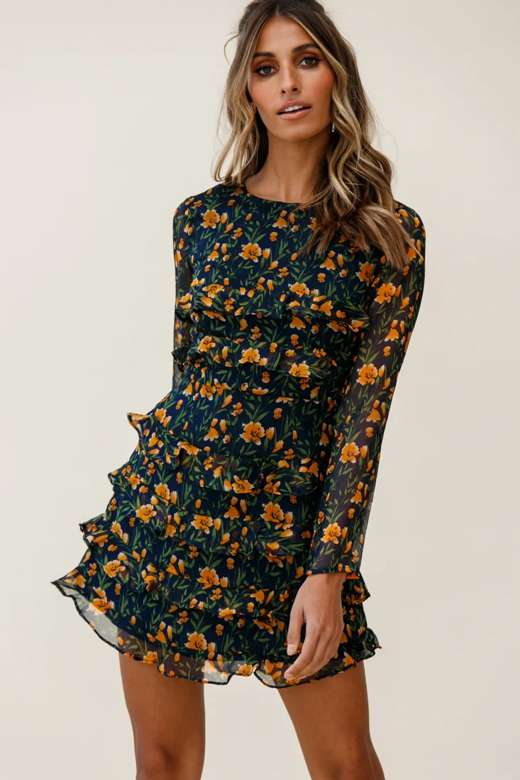 Charmaine Long Sleeve Tiered Frill Dress Floral Print Navy - Image 3