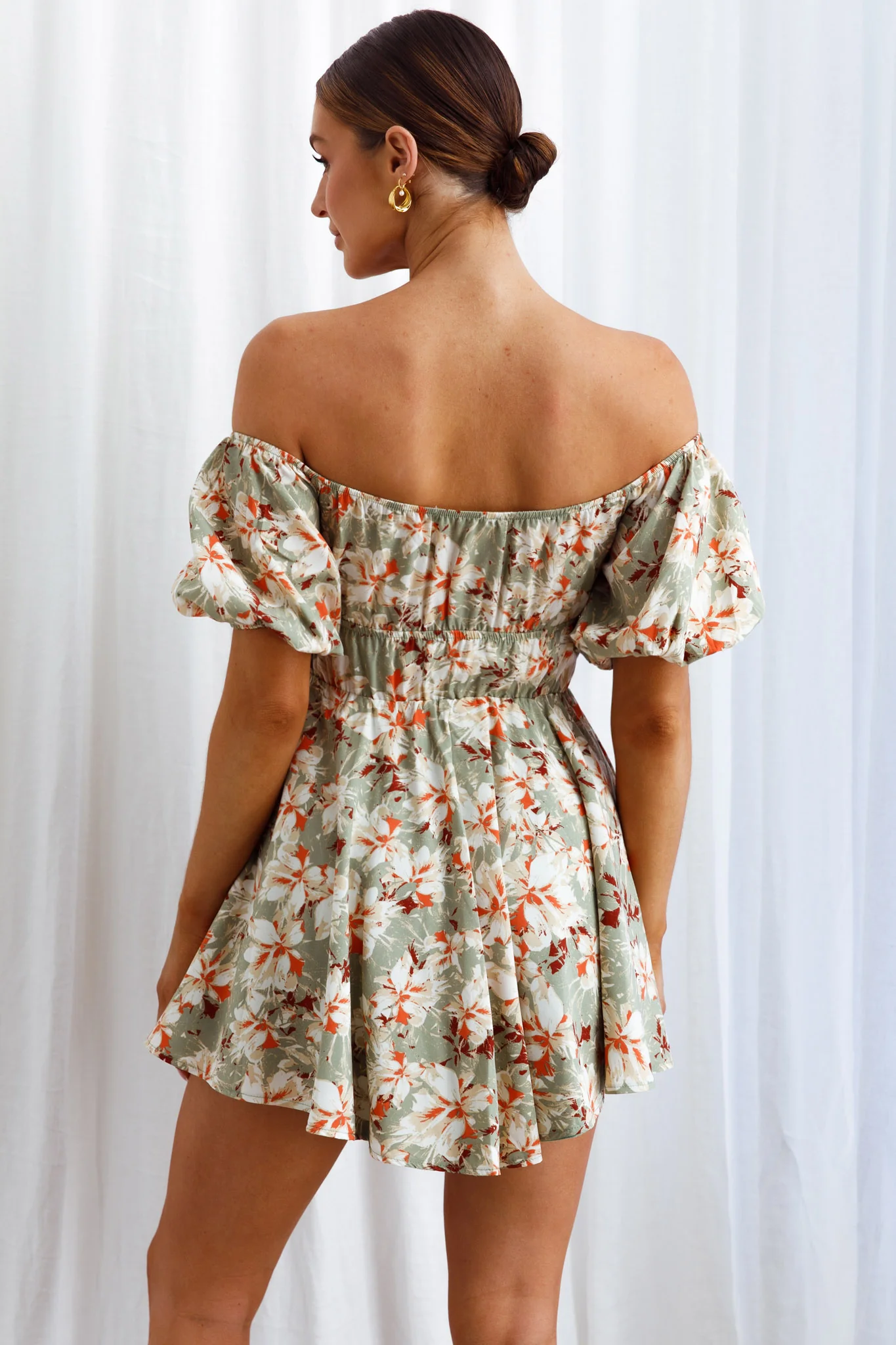 Chasing Sunsets Off-Shoulder Mini Dress Floral Green - Image 2