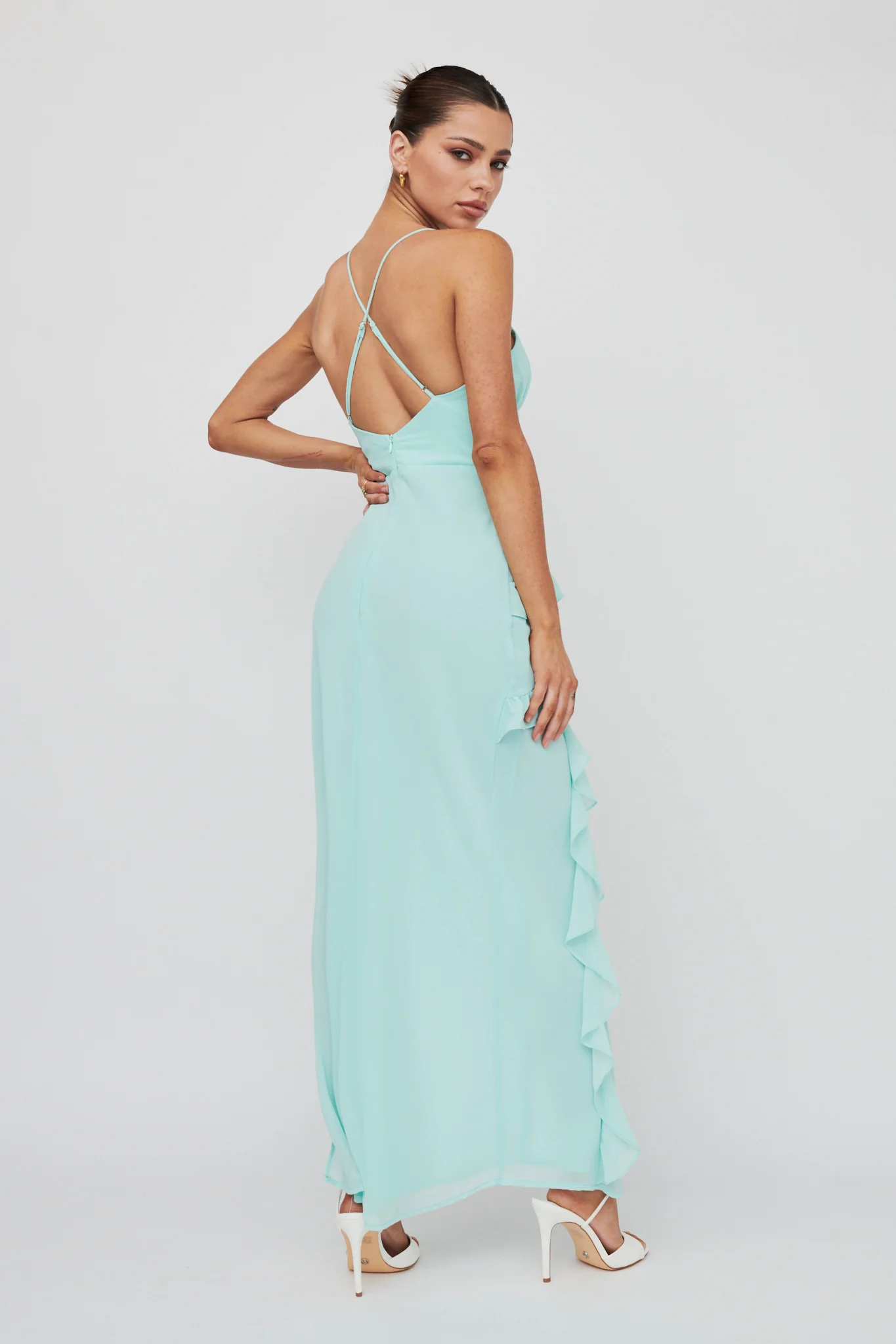 Check Mate Frill Trim Cut-Out Split Dress Mint - Image 2