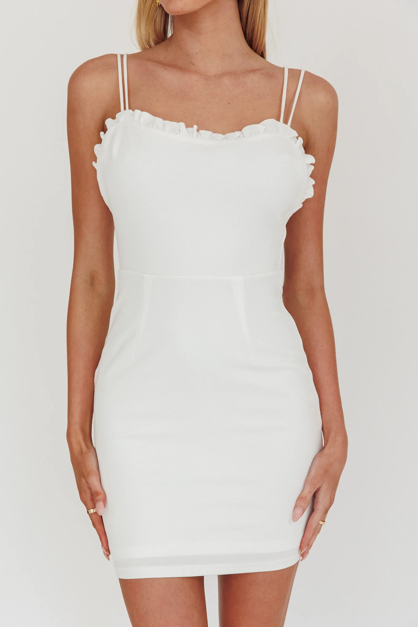 Cher Frill Neckline Double Strap Mini Dress White - Image 4