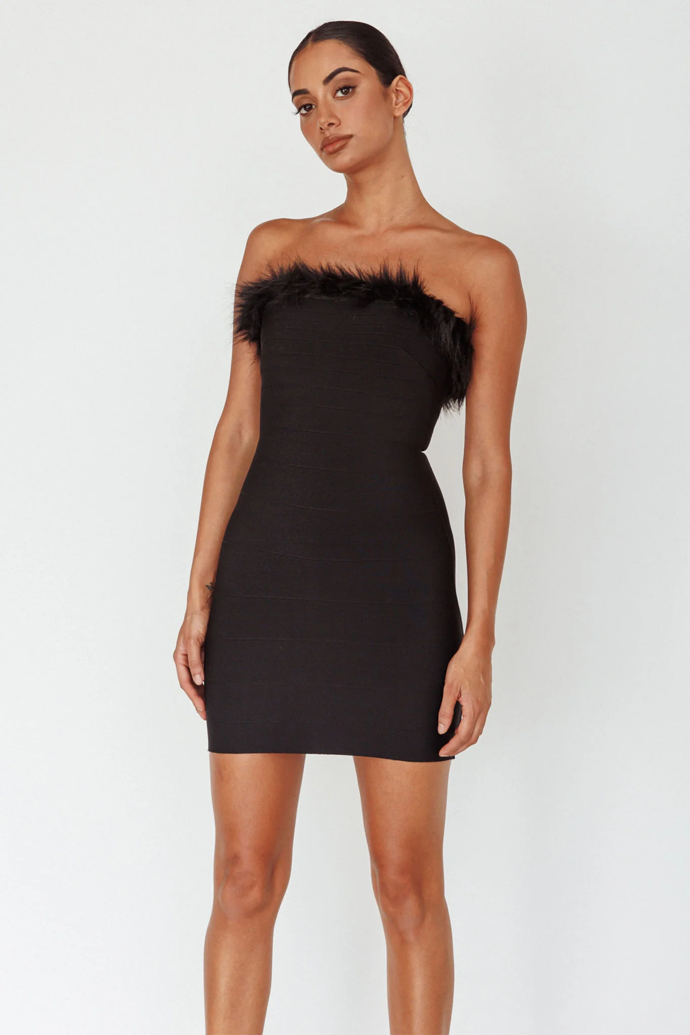 Cherri Fur Trim Mini Dress Electric Black - Image 7