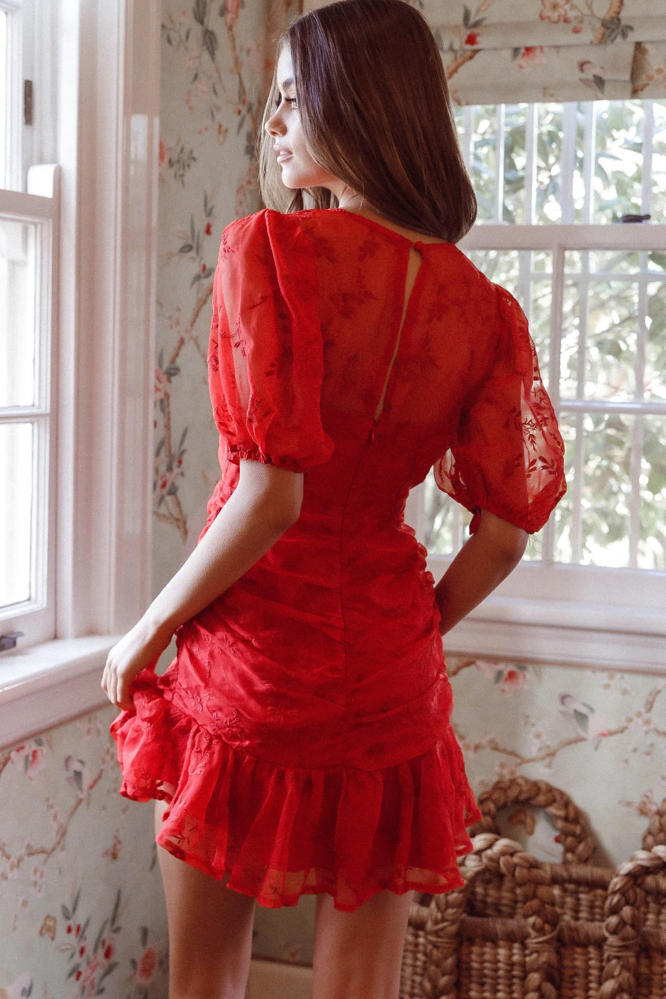 Cherry Blossom Puff Sleeve Wide Ruffle Hem Dress Red - Image 2