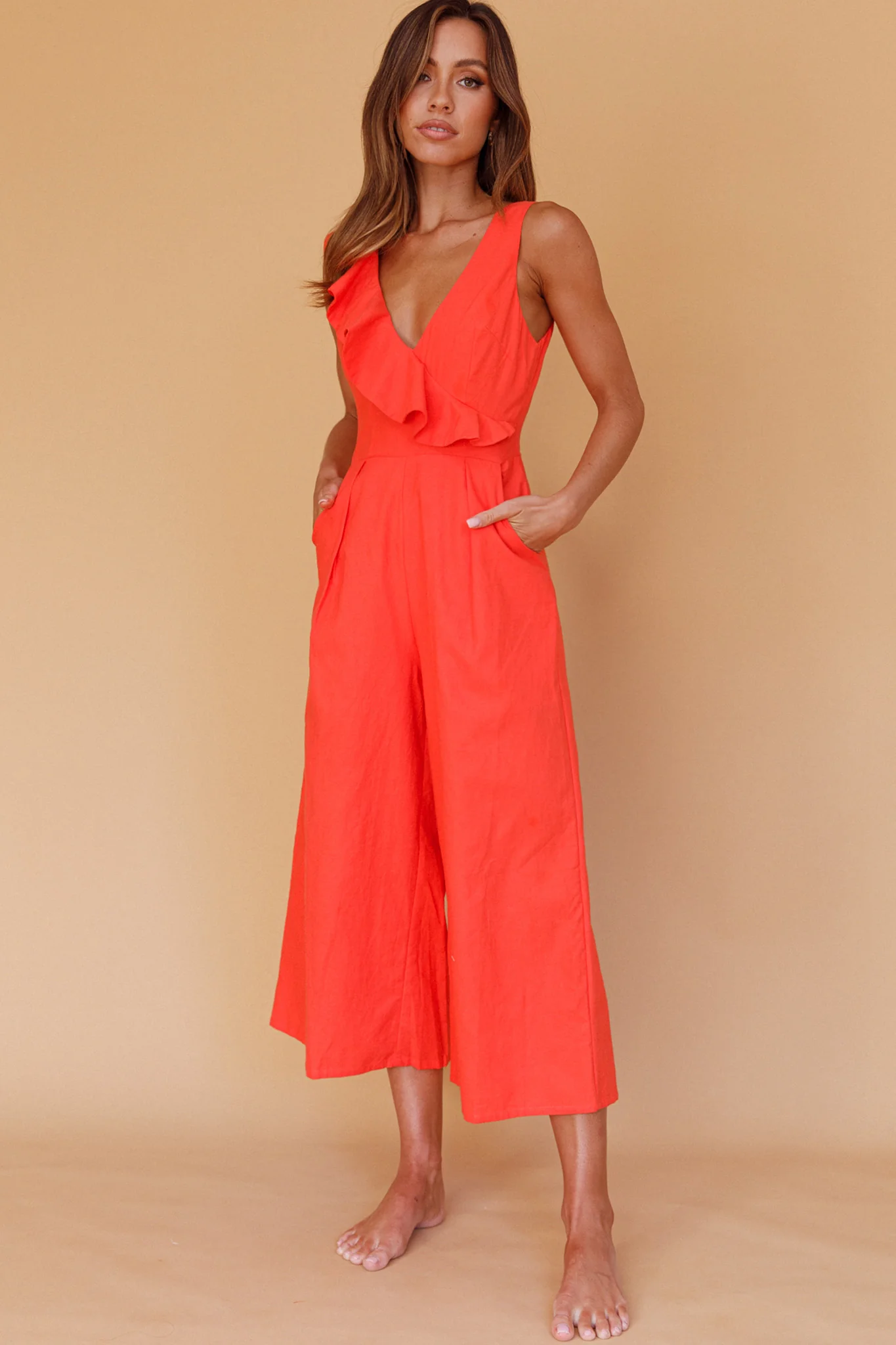 Cheryl Ruffle Strap Wide Leg Jumpsuit Tangerine - Image 4