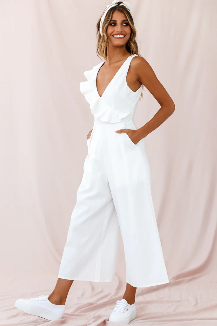 Cheryl Ruffle Strap Wide Leg Jumpsuit White - Image 2