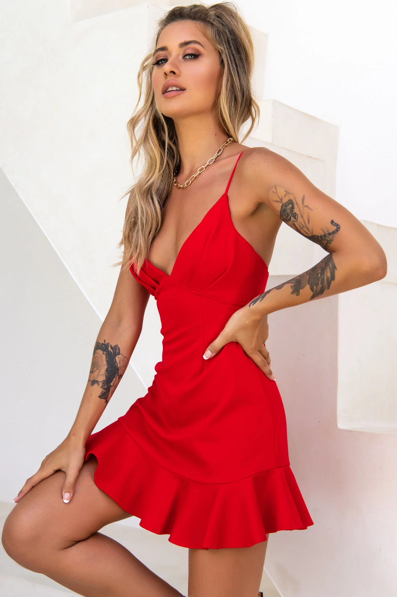 Chicago Pleated Bust Cami Strap Dress Red - Image 5