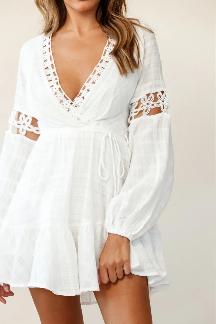 Chloye Long Balloon Sleeve Lace-Up Back Dress White - Image 5