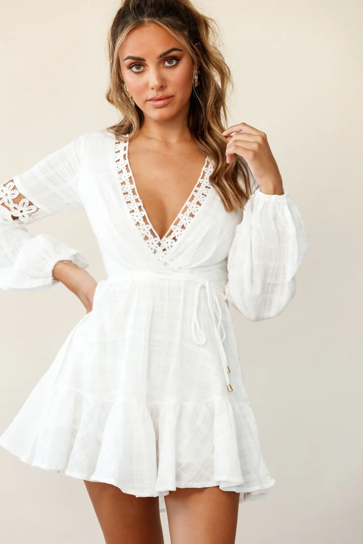 Chloye Long Balloon Sleeve Lace-Up Back Dress White - Image 6