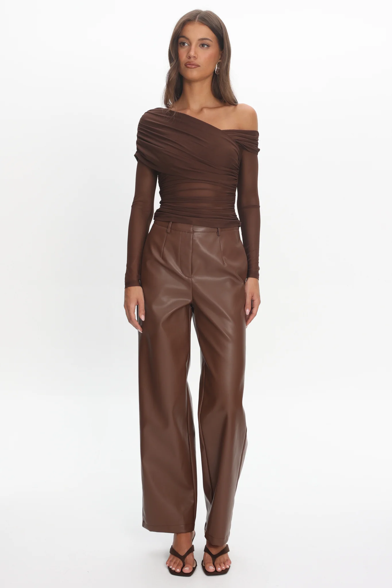 Christos Long Sleeve Asymmetric Top Chocolate - Image 4