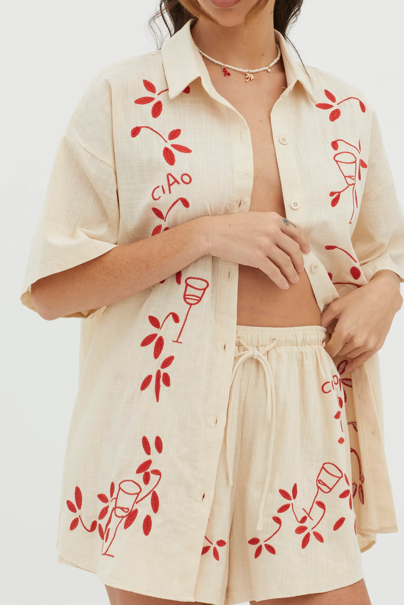 Ciao Ciao Embroidered Drawstring Shorts Oat - Image 4