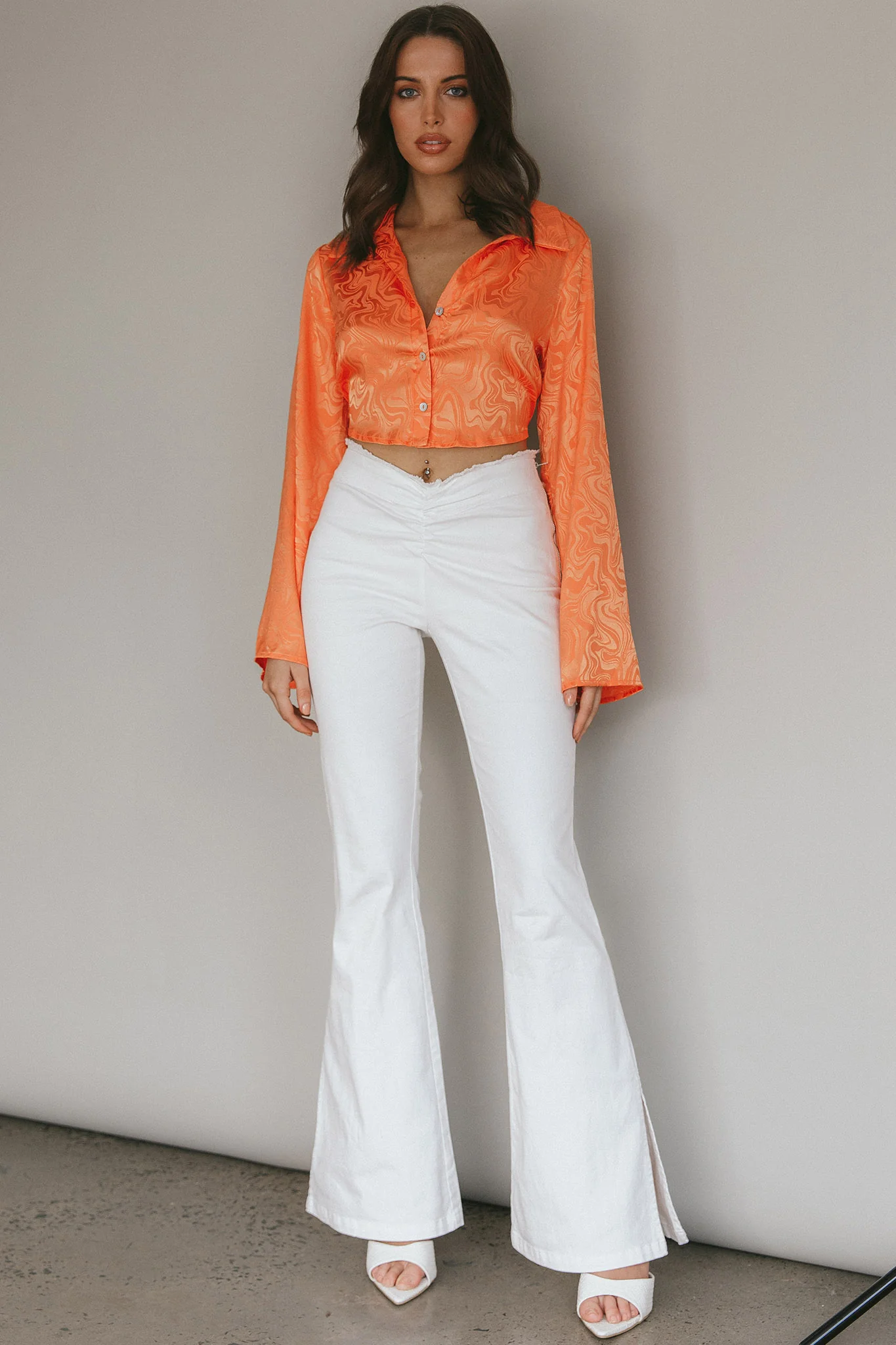 Ciara Flared Sleeve Tied Back Top Orange - Image 3