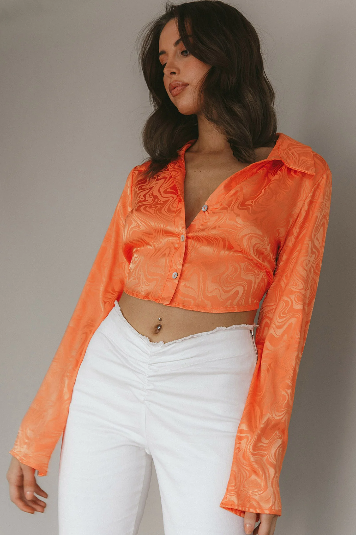 Ciara Flared Sleeve Tied Back Top Orange - Image 4