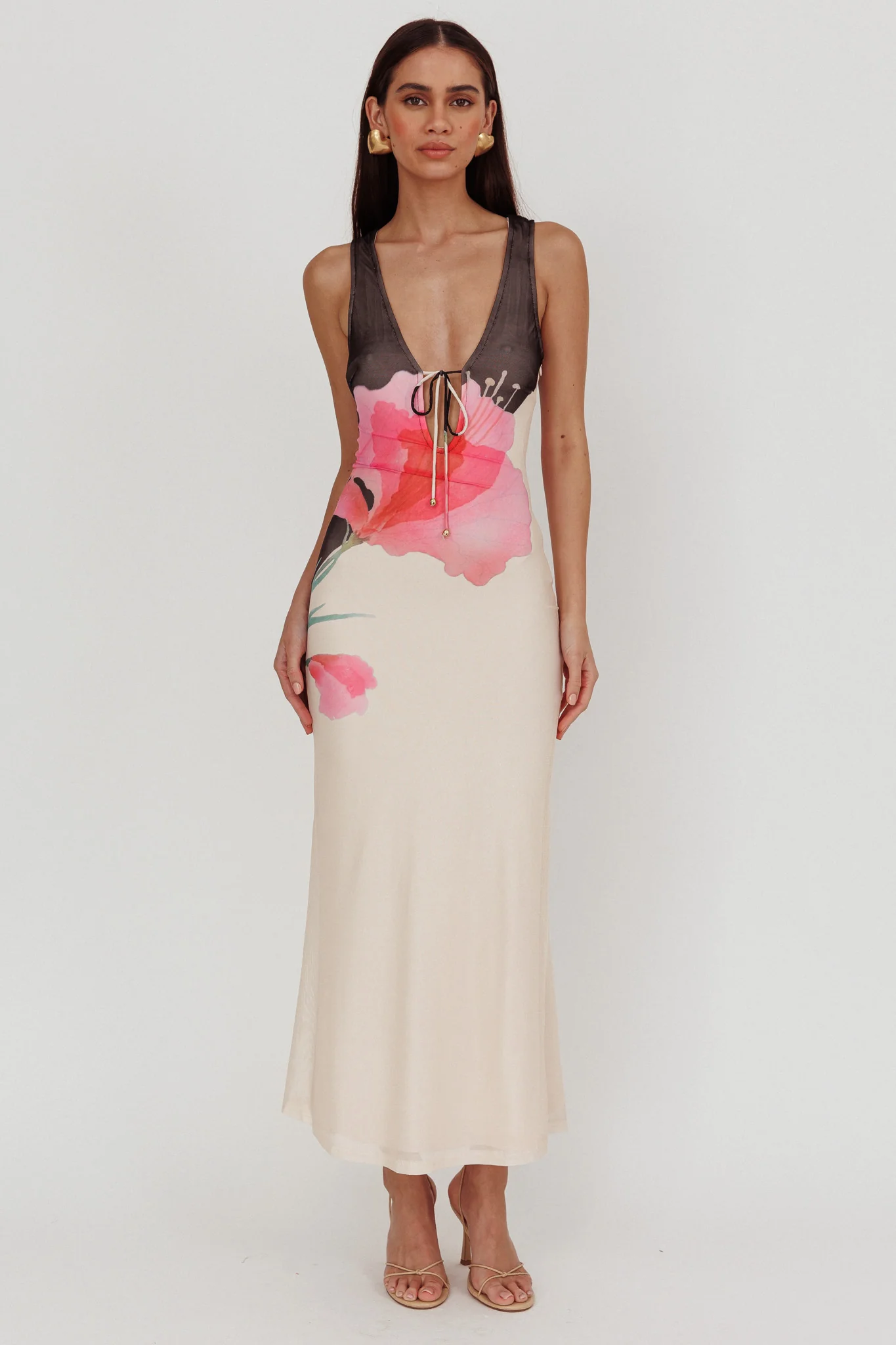 Cinders Tied Plunging Neckline Maxi Dress Flower Black - Image 5