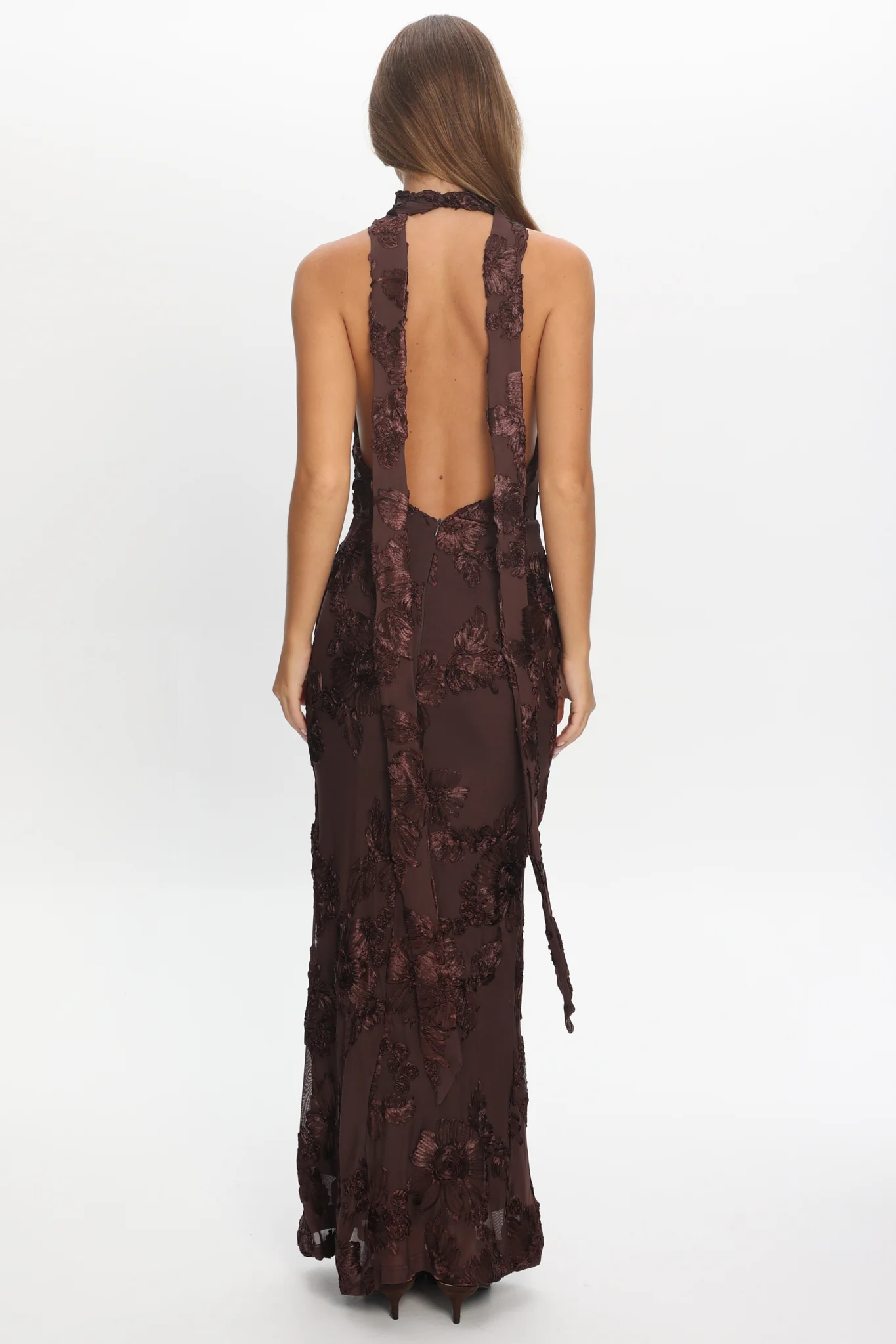 Cipriana Backless Halter Maxi Dress Embellished Brown - Image 3