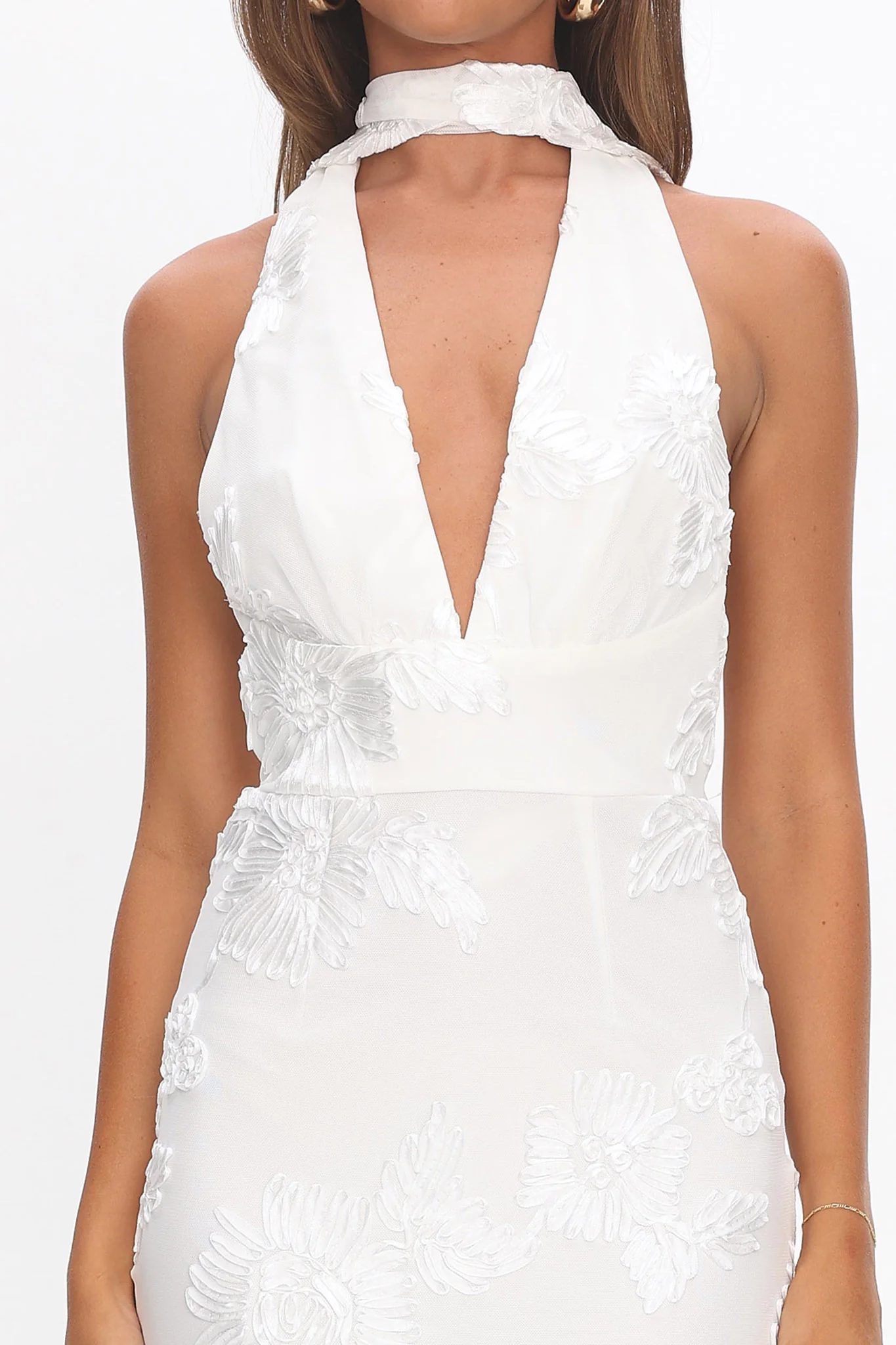 Cipriana Backless Halter Maxi Dress Embellished Floral White - Image 3
