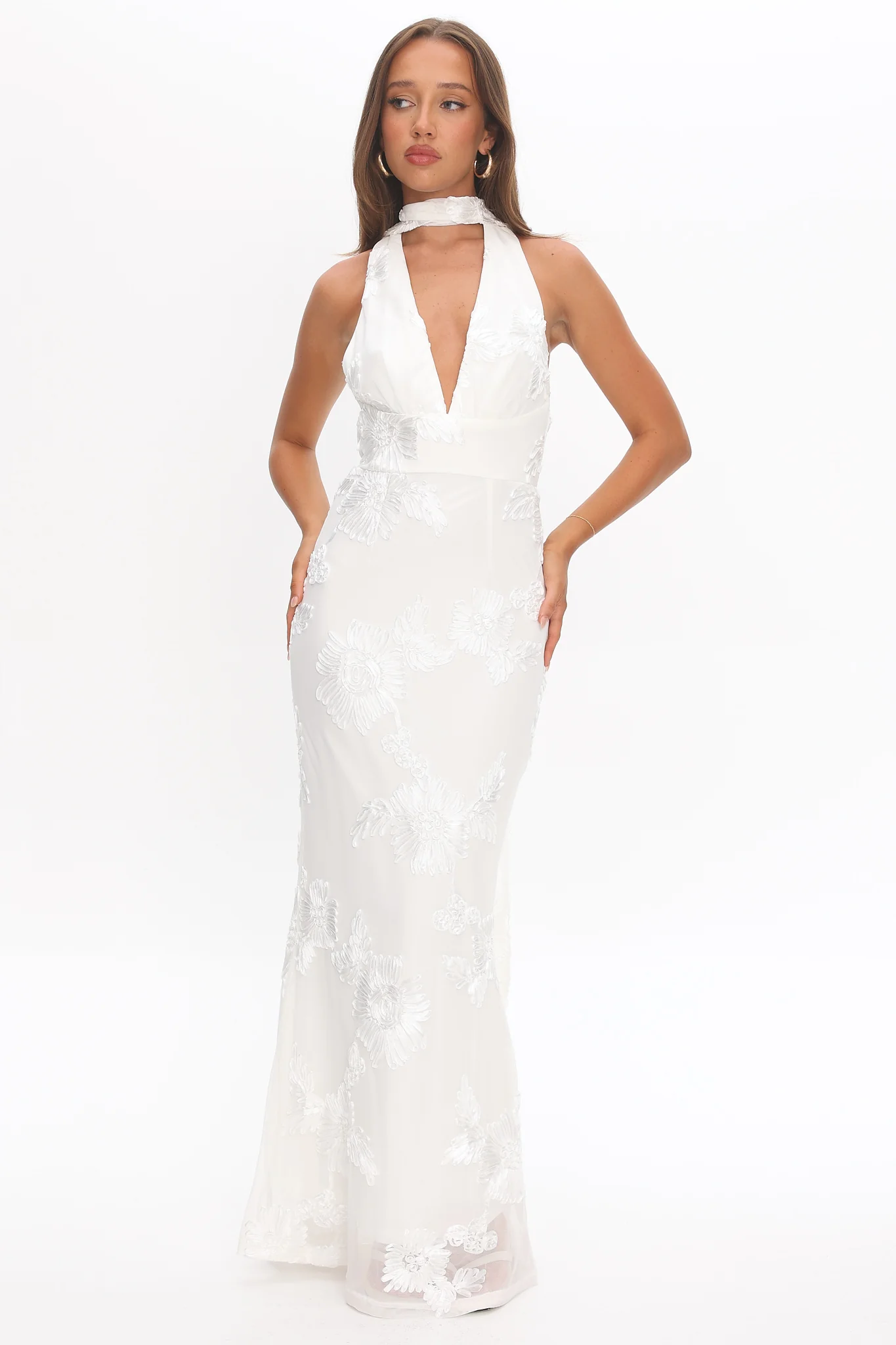 Cipriana Backless Halter Maxi Dress Embellished Floral White - Image 5