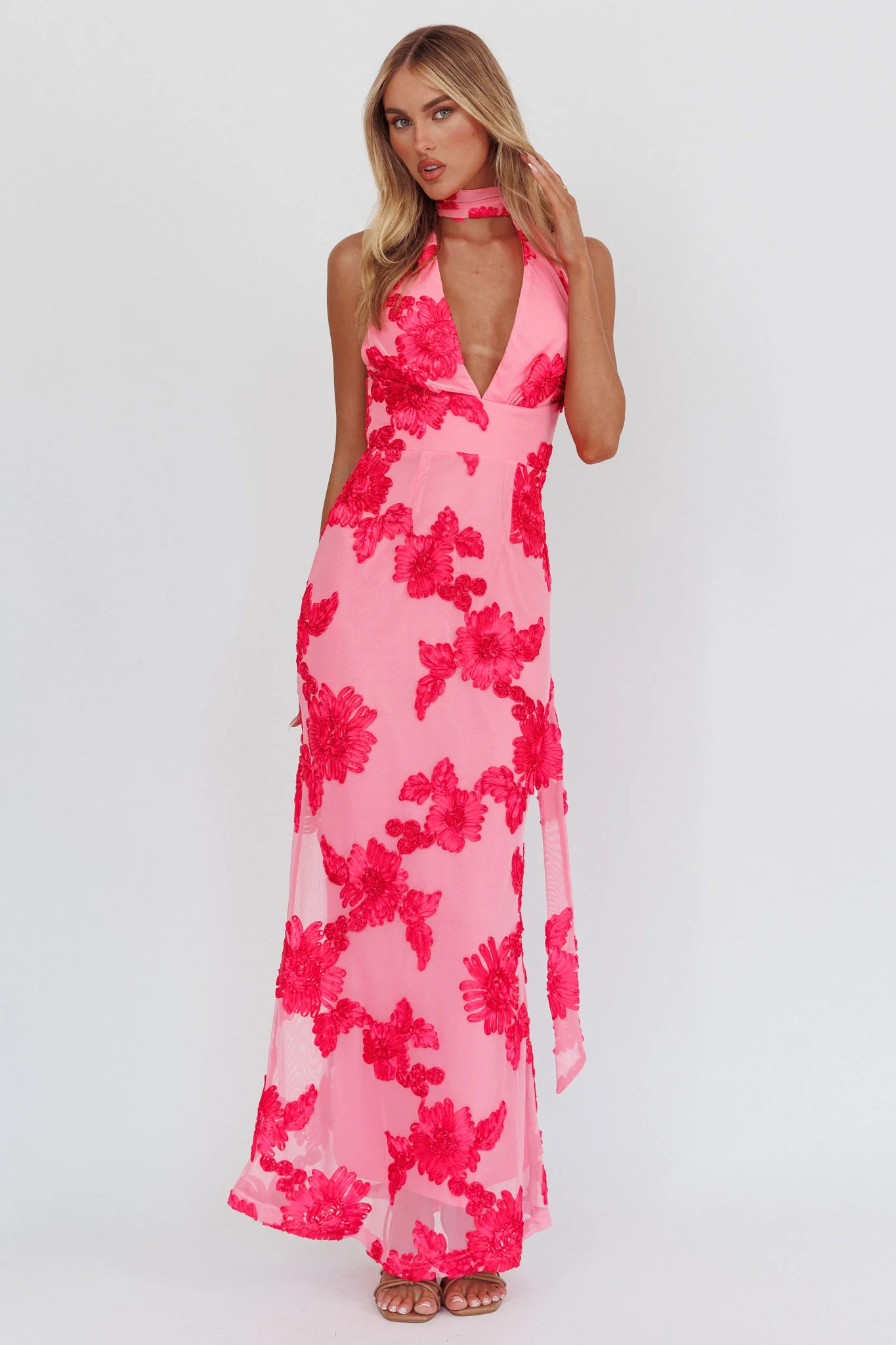 Cipriana Backless Halter Maxi Dress Embellished Pink - Image 4