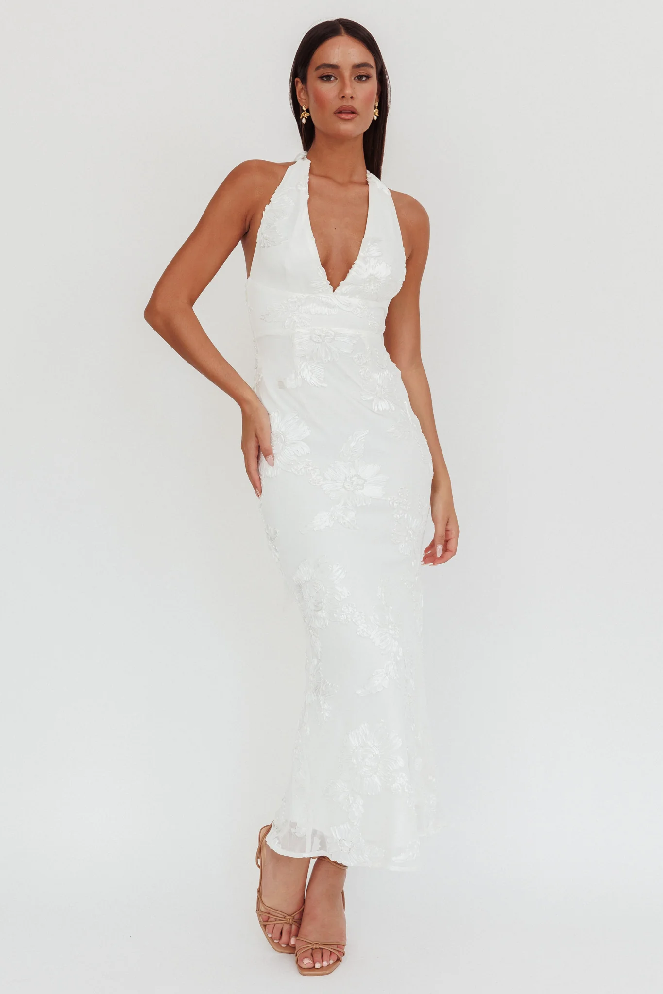 Cipriana Backless Halter Maxi Dress Embellished White - Image 4