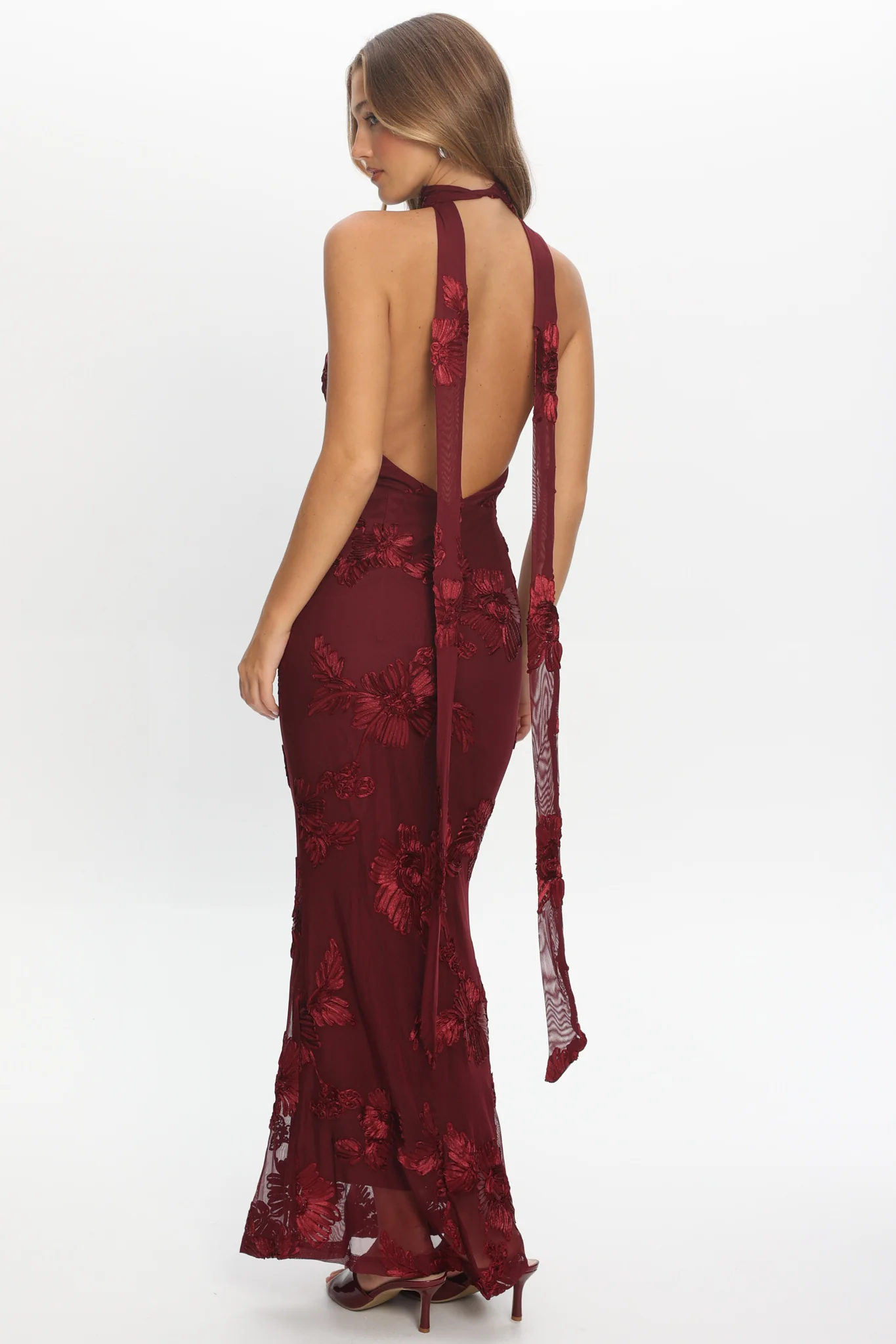 Cipriana Backless Halter Maxi Dress Embellished Wine - Image 3