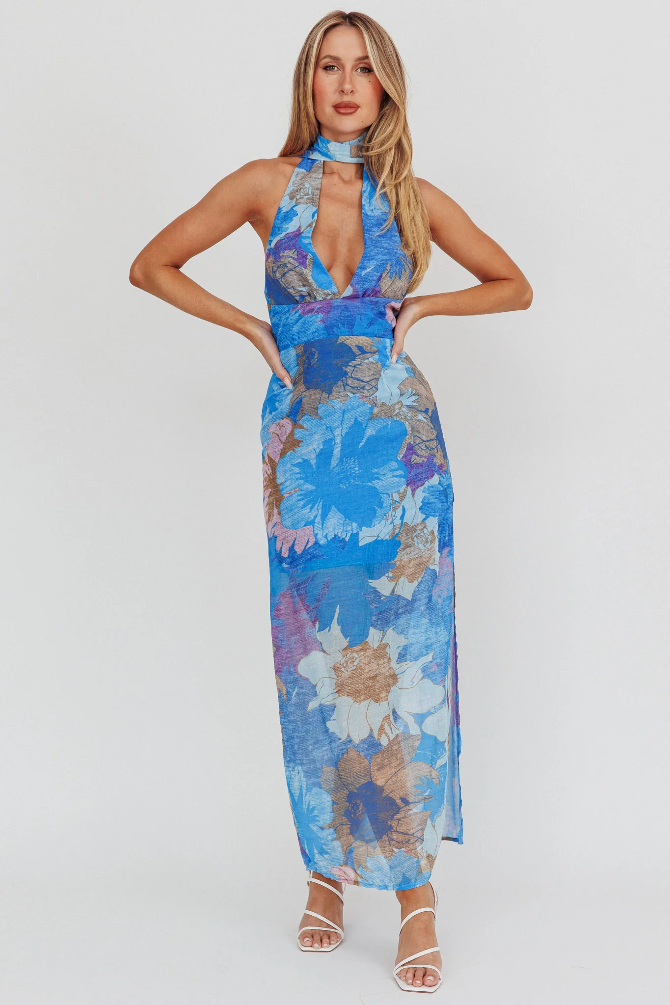 Cipriana Backless Halter Maxi Dress Floral Blue - Image 4