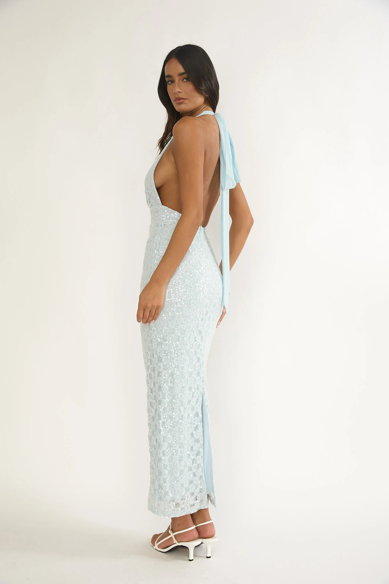 Cipriana Backless Halter Maxi Dress Sequin Blue - Image 2