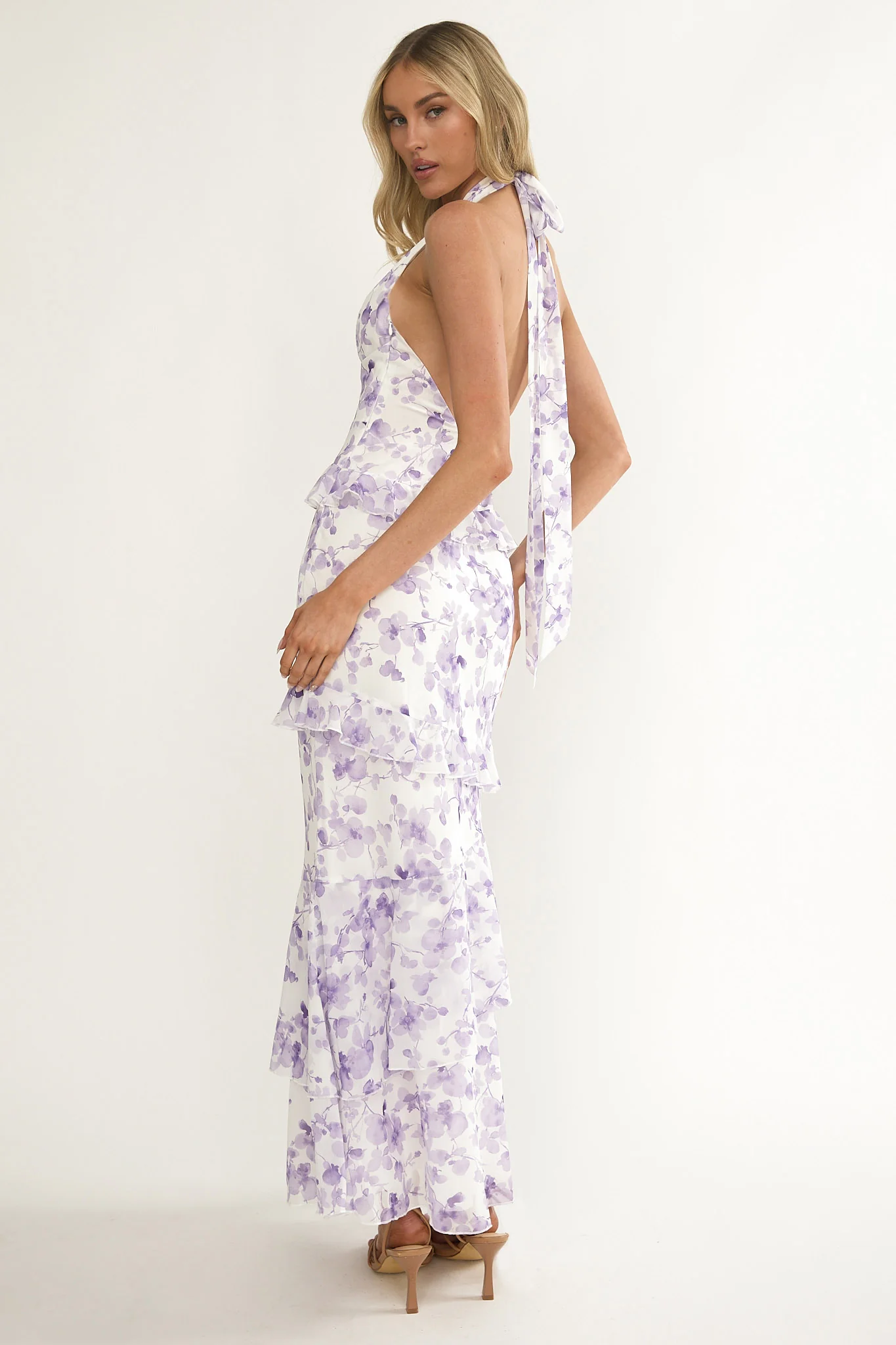Cipriana Frill Trim Halter Maxi Dress Floral Purple - Image 2