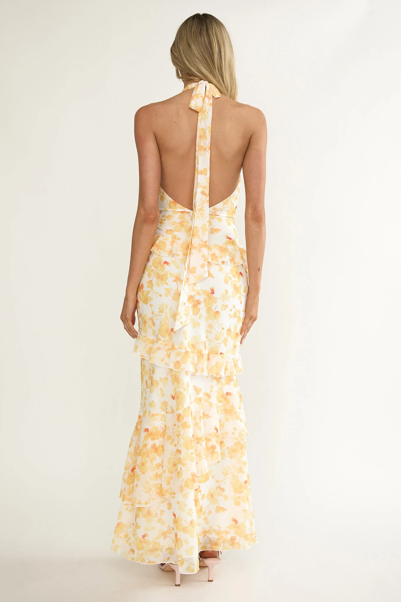 Cipriana Frill Trim Halter Maxi Dress Floral Yellow - Image 2