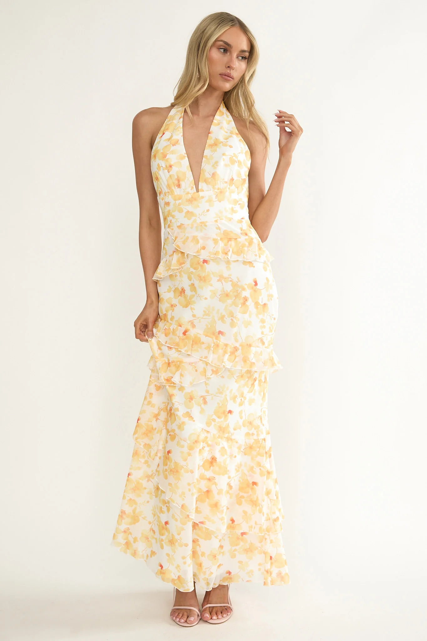 Cipriana Frill Trim Halter Maxi Dress Floral Yellow - Image 4