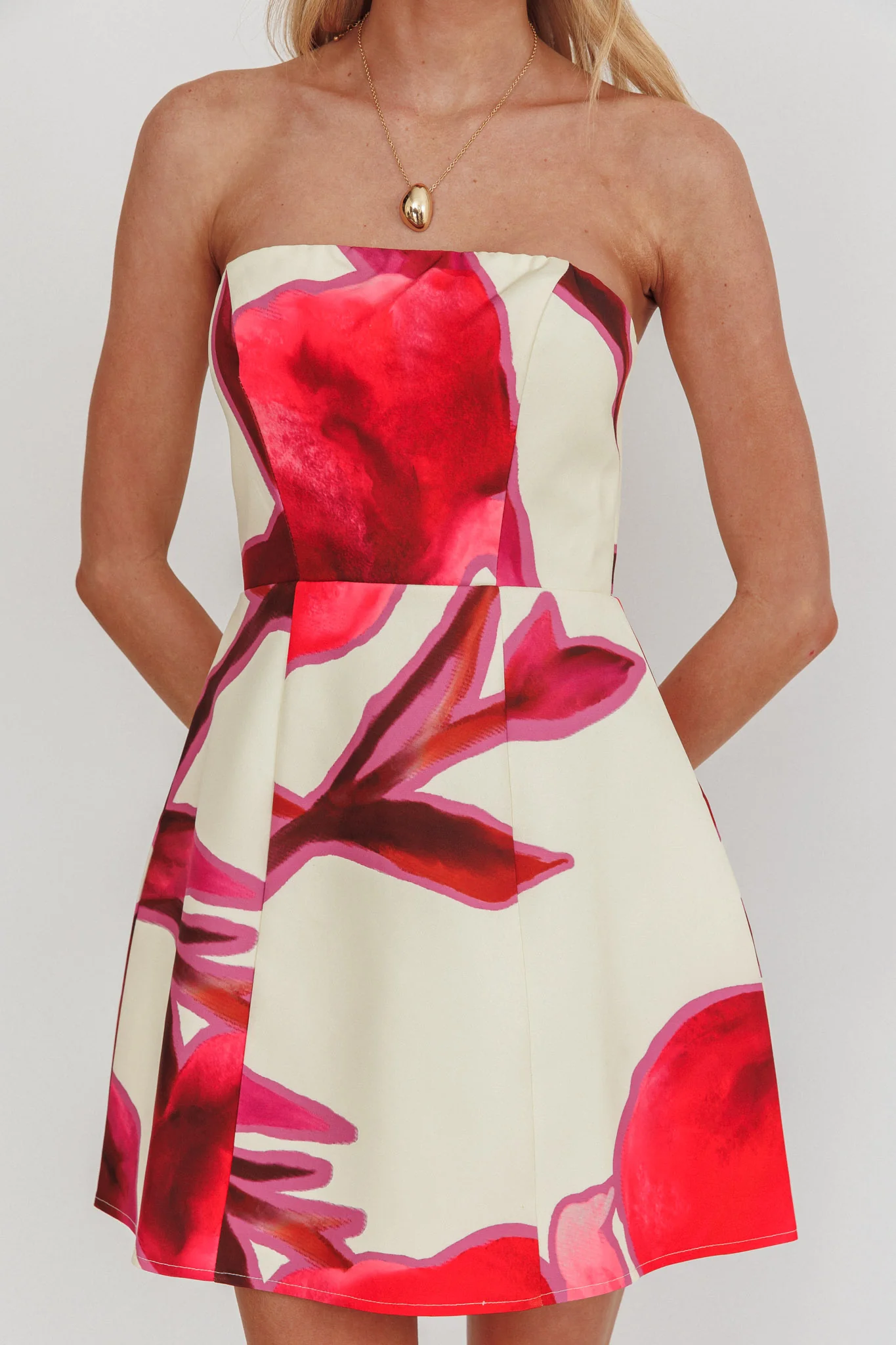 City Central Strapless A-Line Mini Dress Print Beige - Image 4