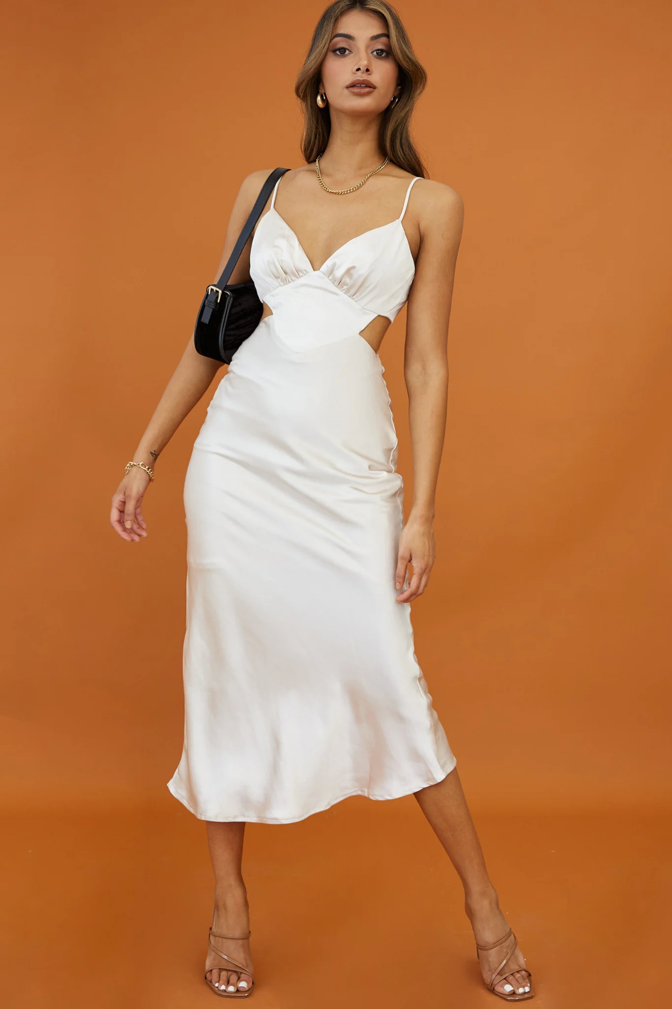 City Lights Cut-Out Waist Strappy Back Midi Dress Champagne - Image 4