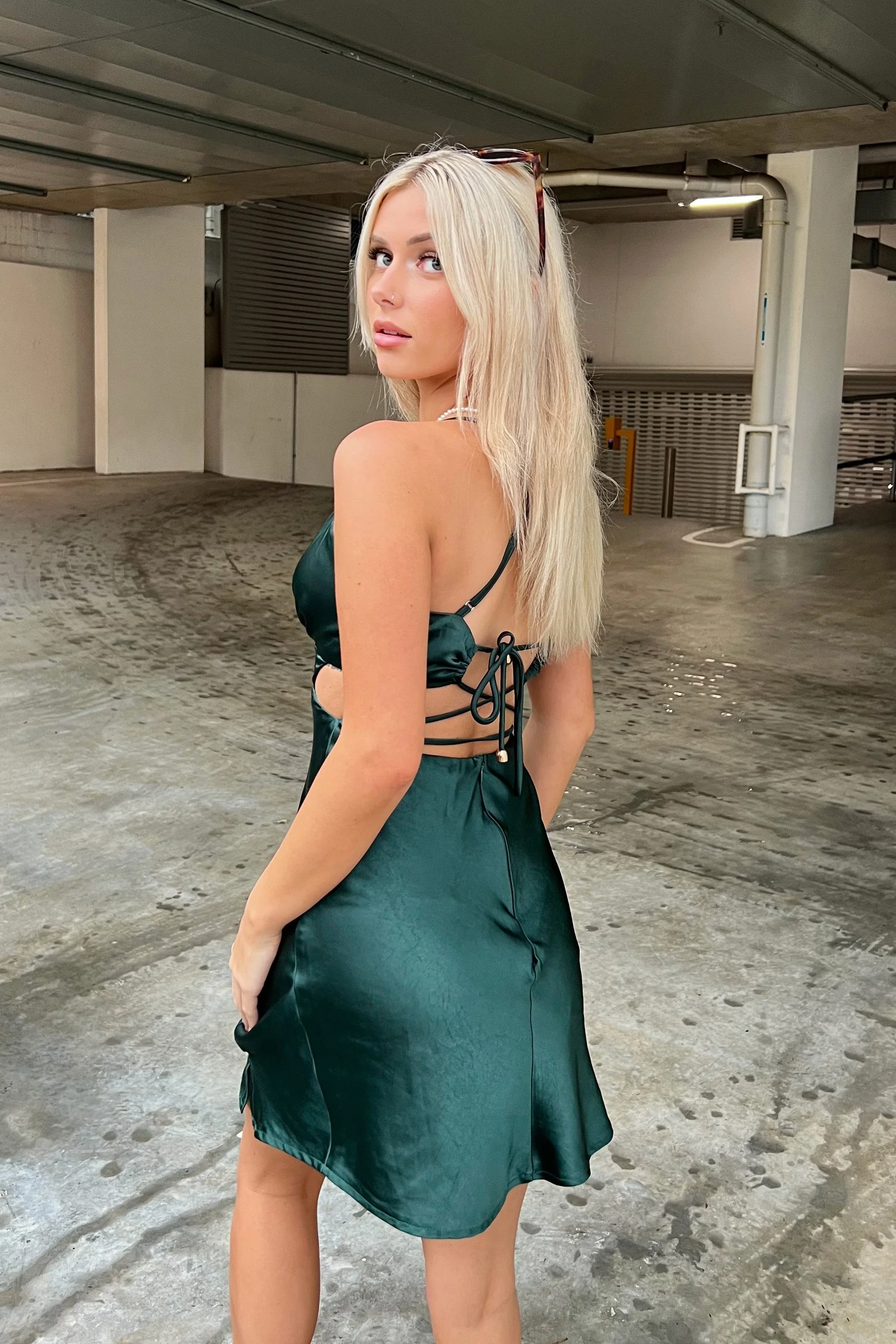City Lights Cut-Out Waist Strappy Back Mini Dress Jade - Image 7