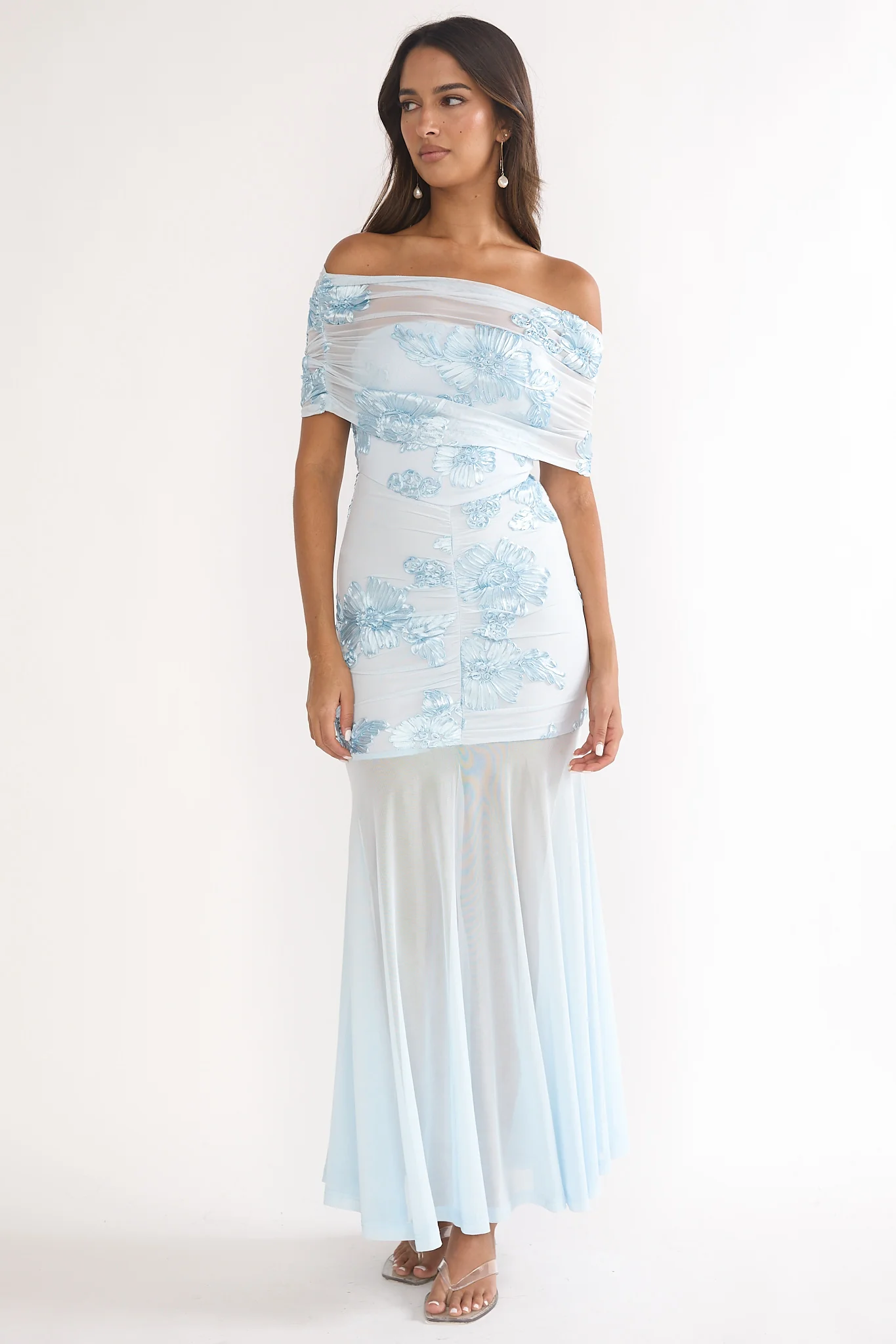 Clarita Sheer Ruched Maxi Dress Embellished Blue - Image 2