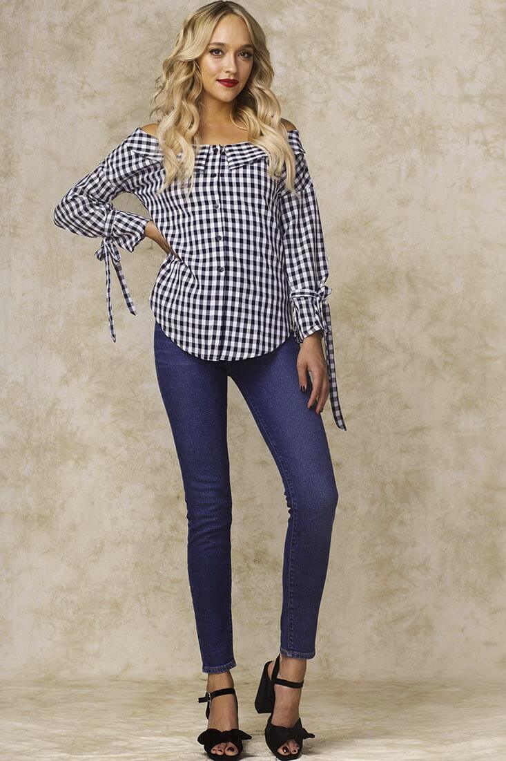 Clarke Off the Shoulder Checkered Dress Shirt Navy - Image 2
