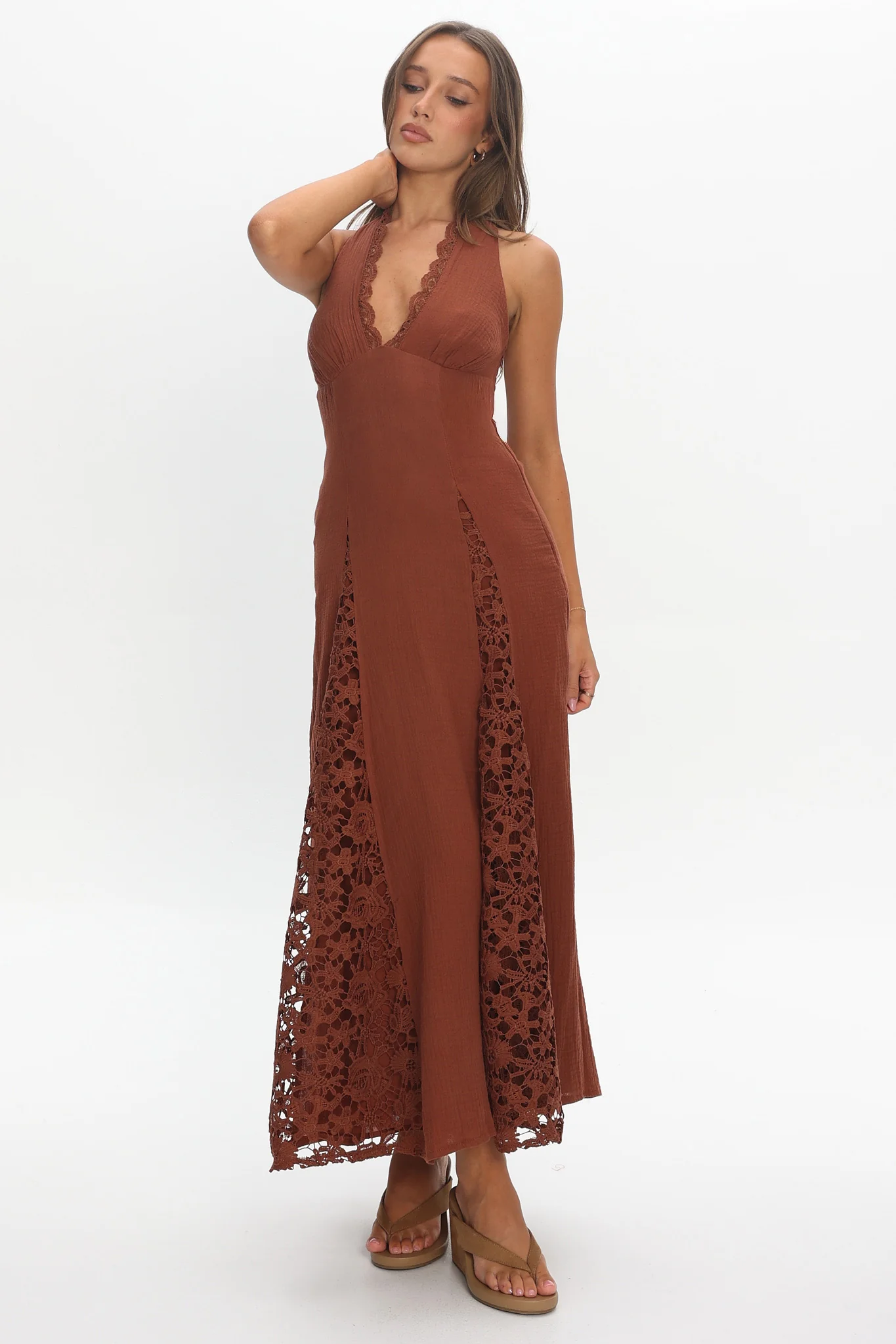 Claudette Halterneck Lace Trim Maxi Dress Chocolate - Image 5