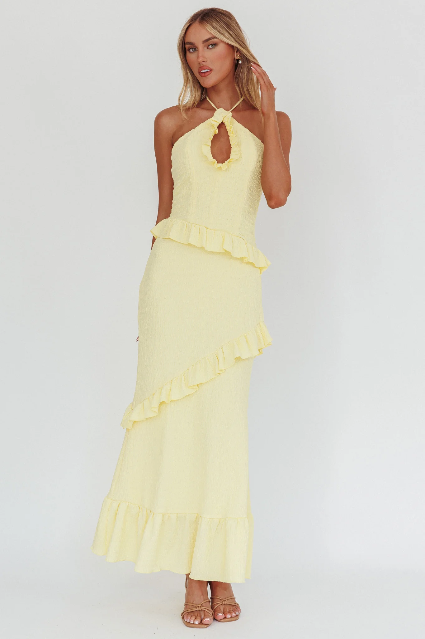 Clemence Smocked Frill Trim Maxi Dress Lemon - Image 4