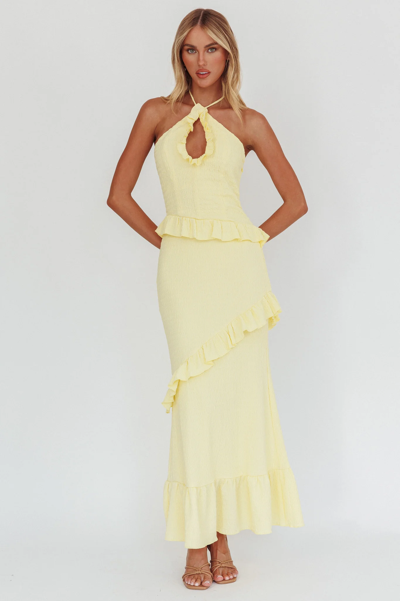 Clemence Smocked Frill Trim Maxi Dress Lemon - Image 5