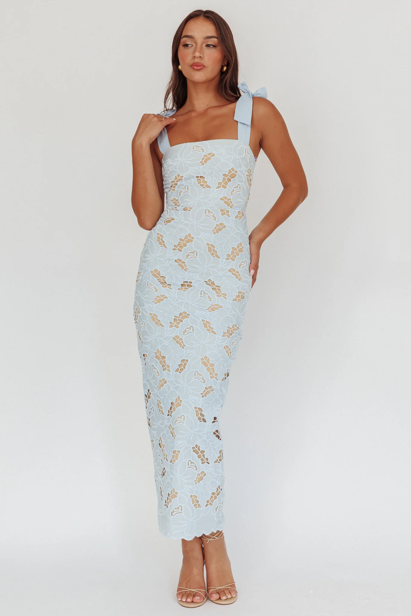 Coastal Bloom Tied Shoulder Maxi Dress Embroidered Baby Blue - Image 4