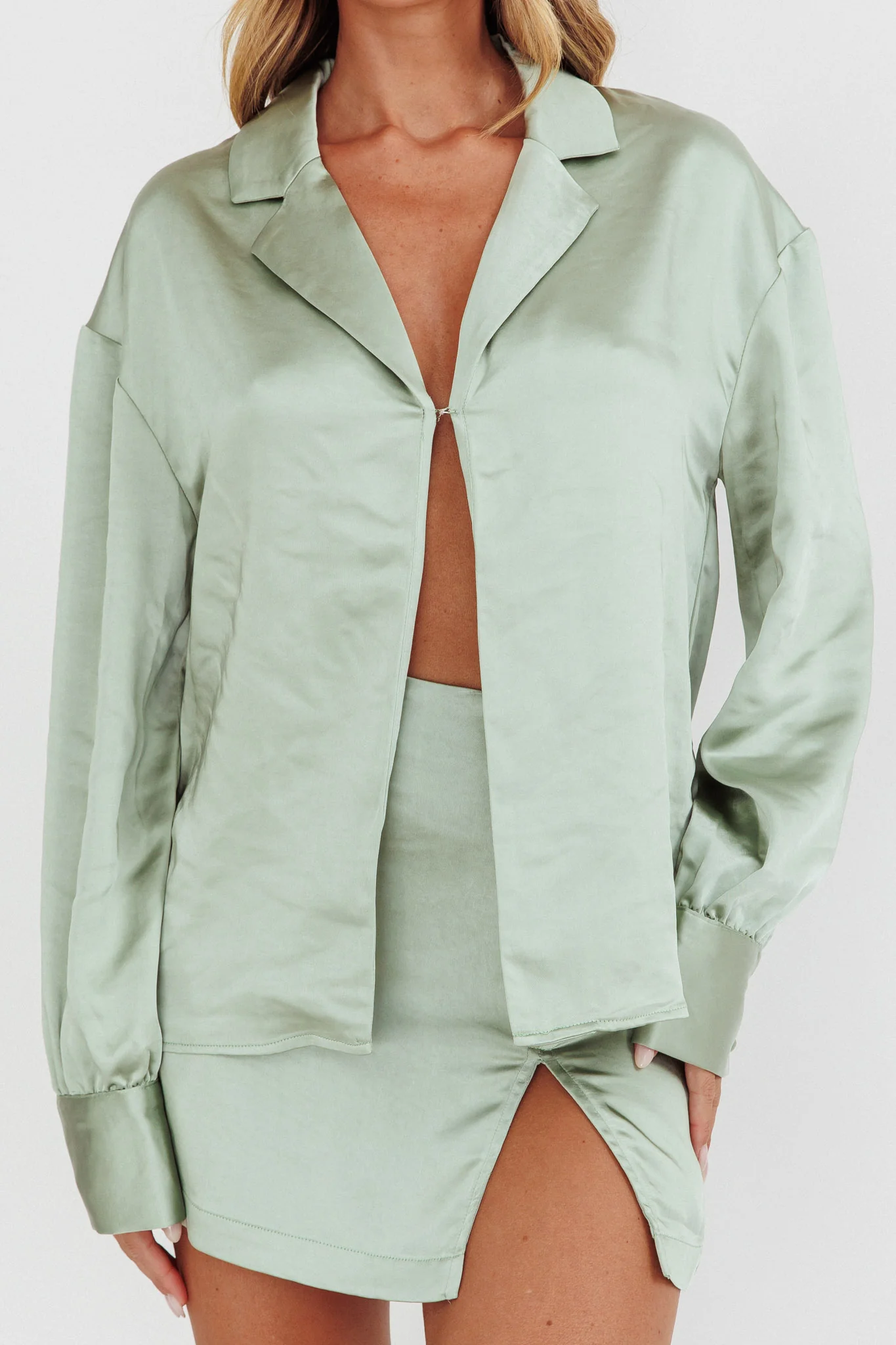 Coco Long Sleeve Satin Shirt Sage - Image 4