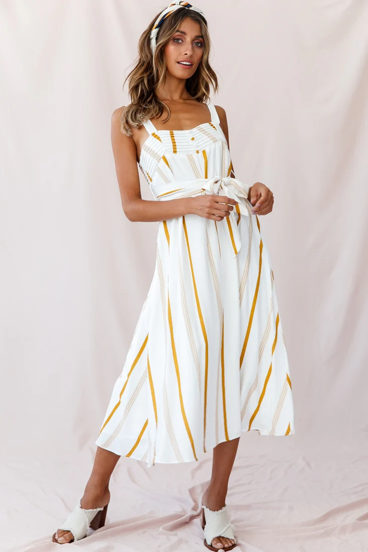 Colmar Wide Strap Midi Dress White Mustard Stripe - Image 2