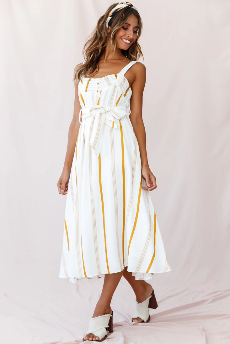 Colmar Wide Strap Midi Dress White Mustard Stripe - Image 3